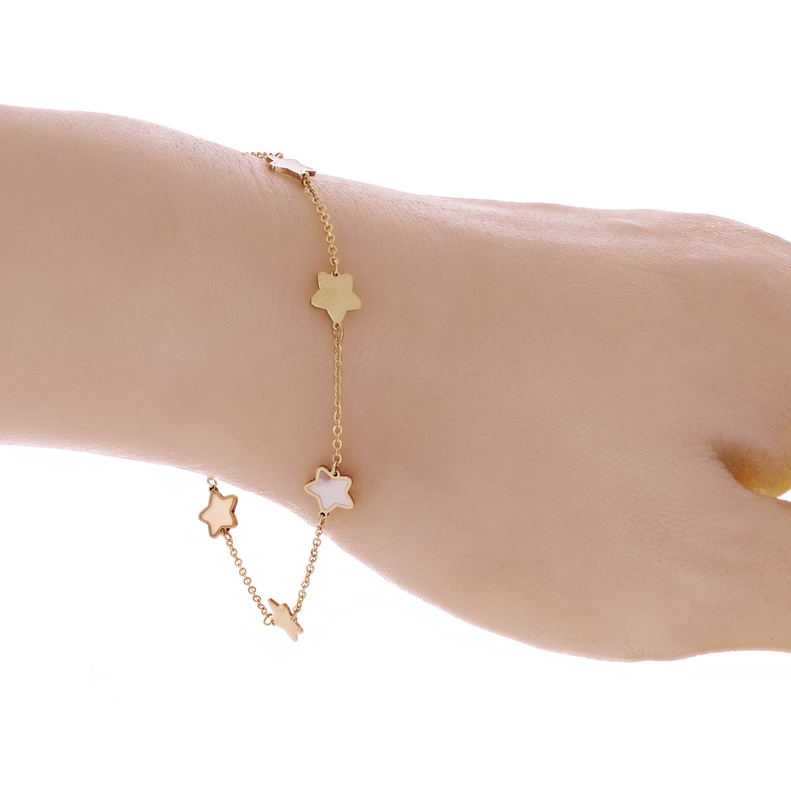 Italian 14k Yellow Gold & Mother of Pearl STAR Charm Bracelet 7" 1.5 grams