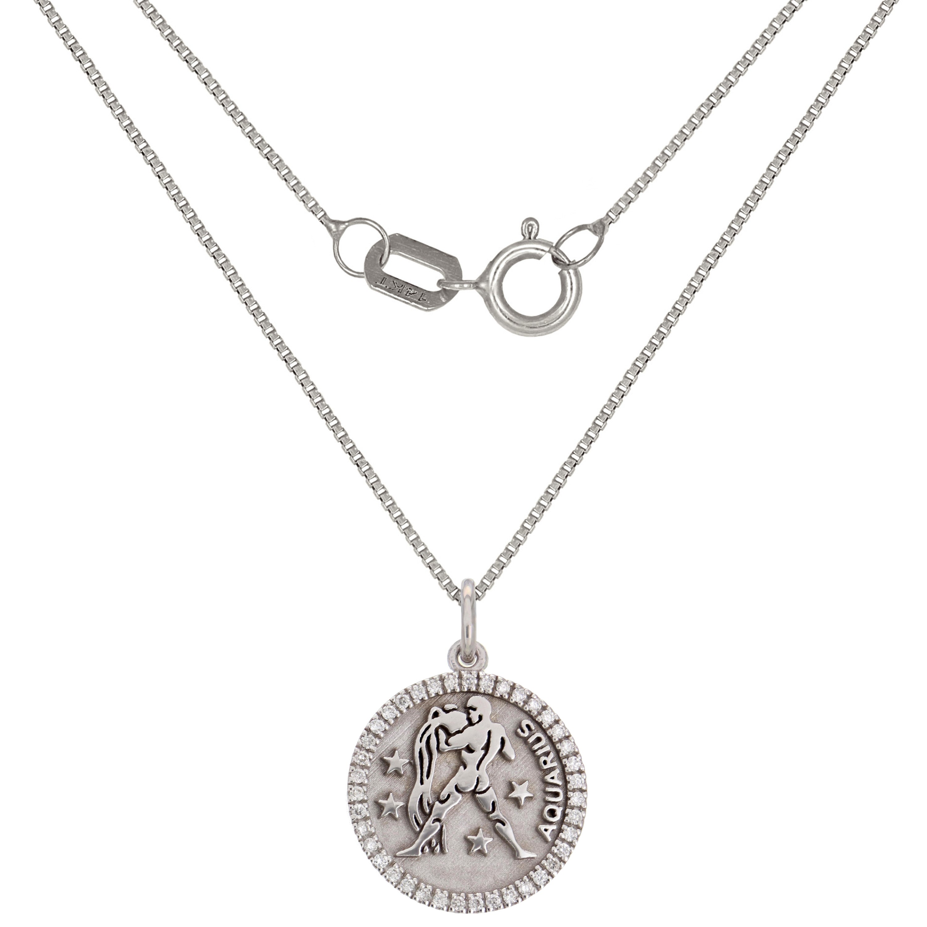 14k White Gold Diamond Zodiac Sign Aquarius Pendant Necklace 18" - Aquarius,White