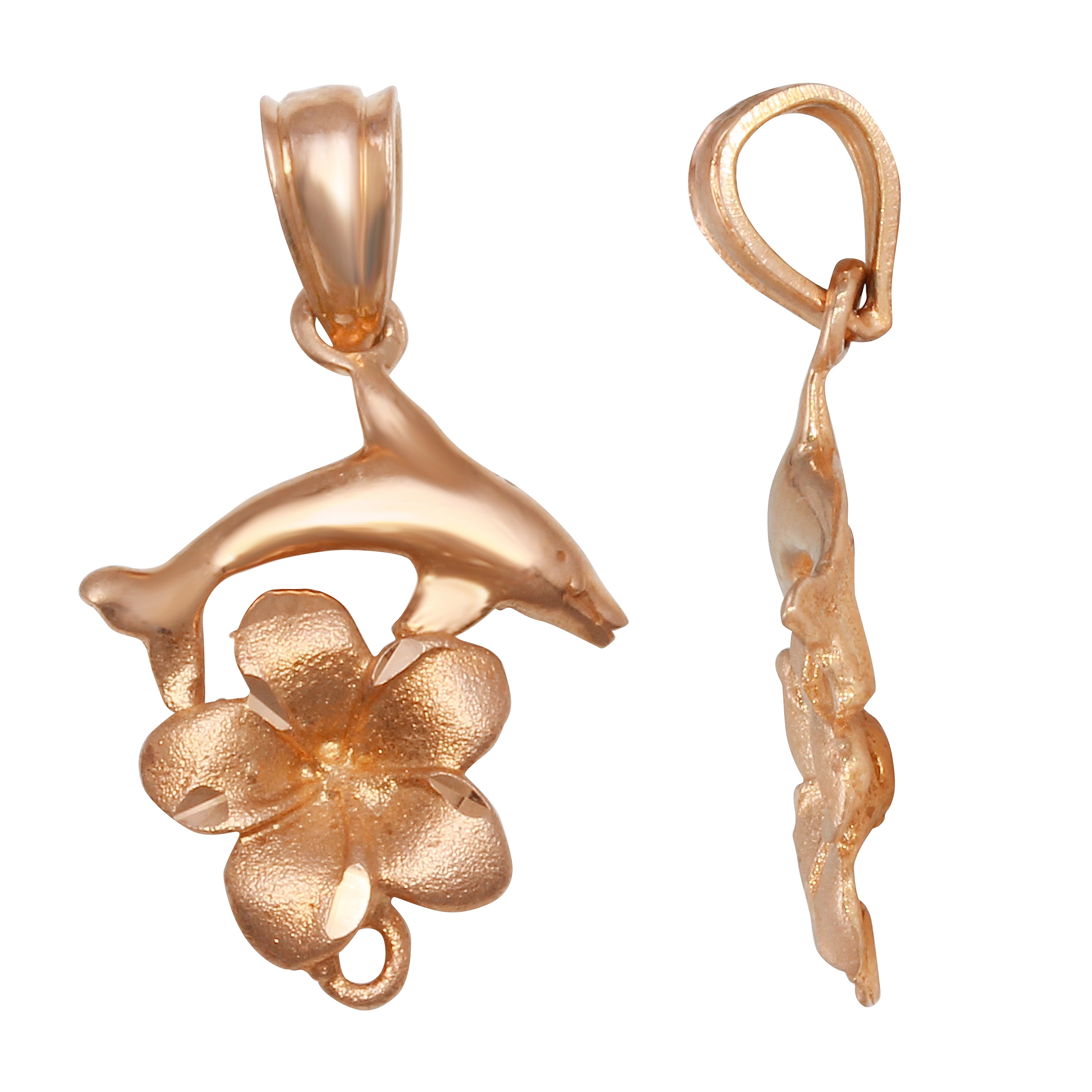 14k Rose Gold Dolphin Hawaiian Plumeria Flower Pendant 0.8 gram