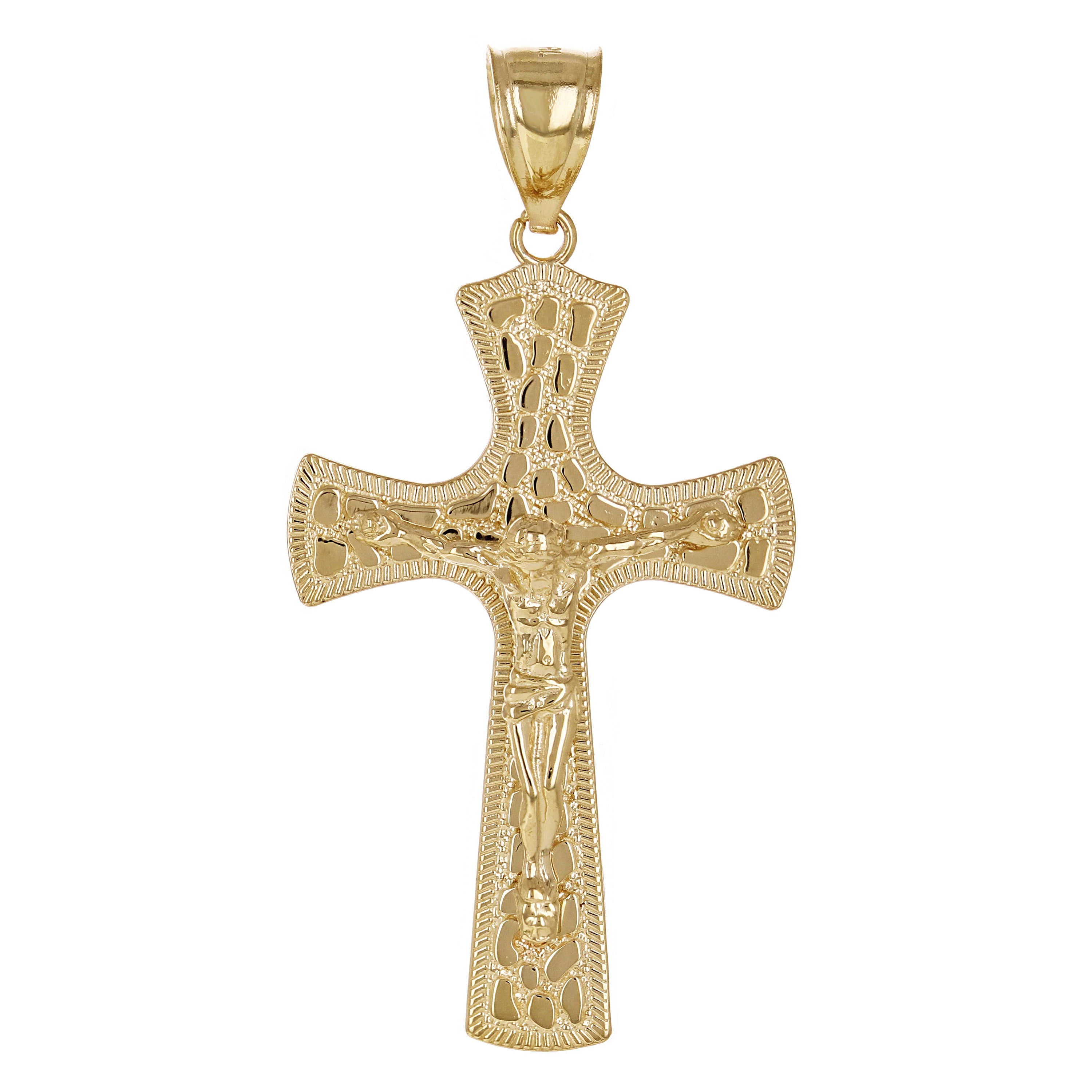 14k Yellow Gold Nugget Design Jesus Crucifix Cross Charm Pendant 1.8" 3.8 grams