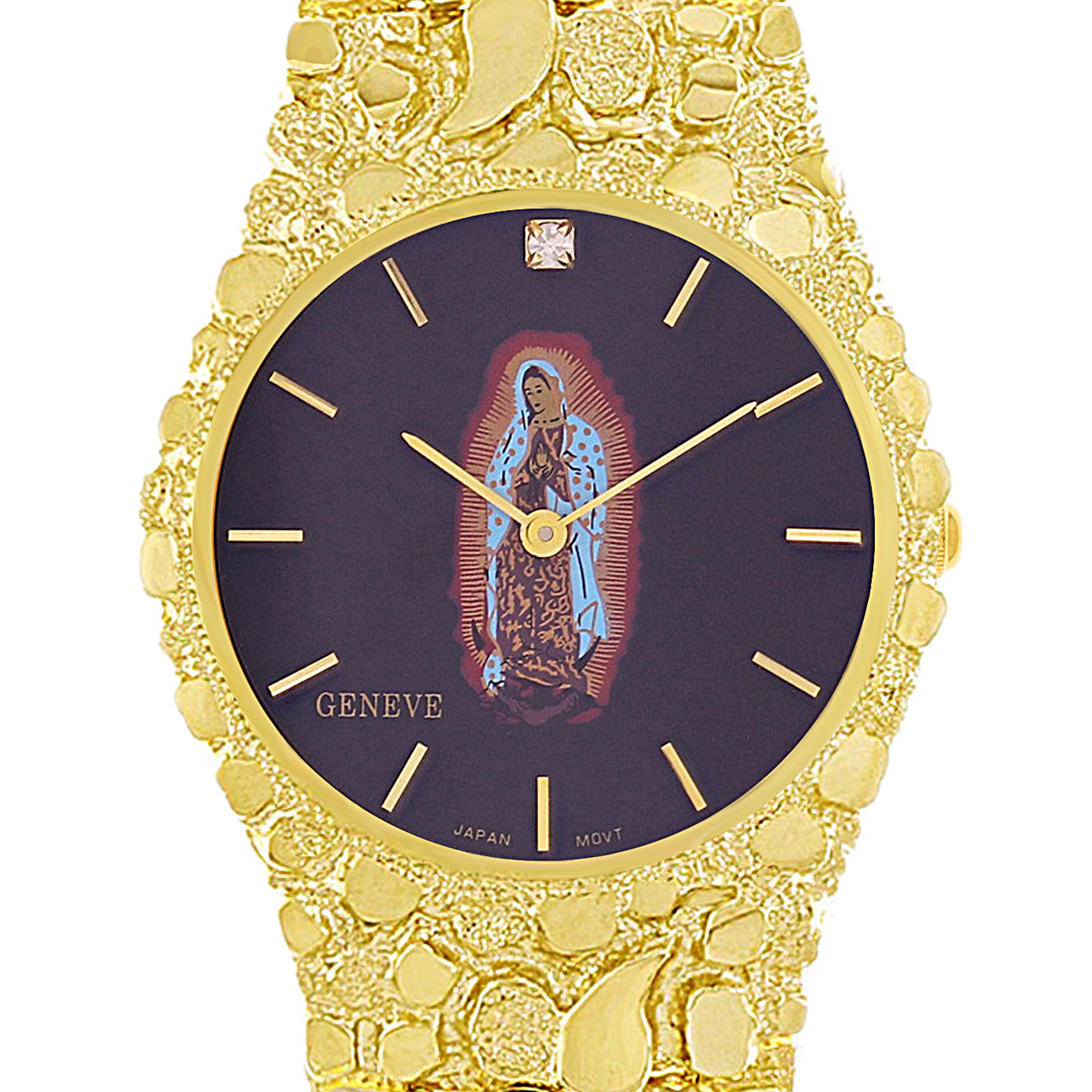 14k Yellow Gold Lady of Guadalupe Geneve Diamond Watch Nugget Band 7-7.5" 53 grams - 7.5" 53 grams