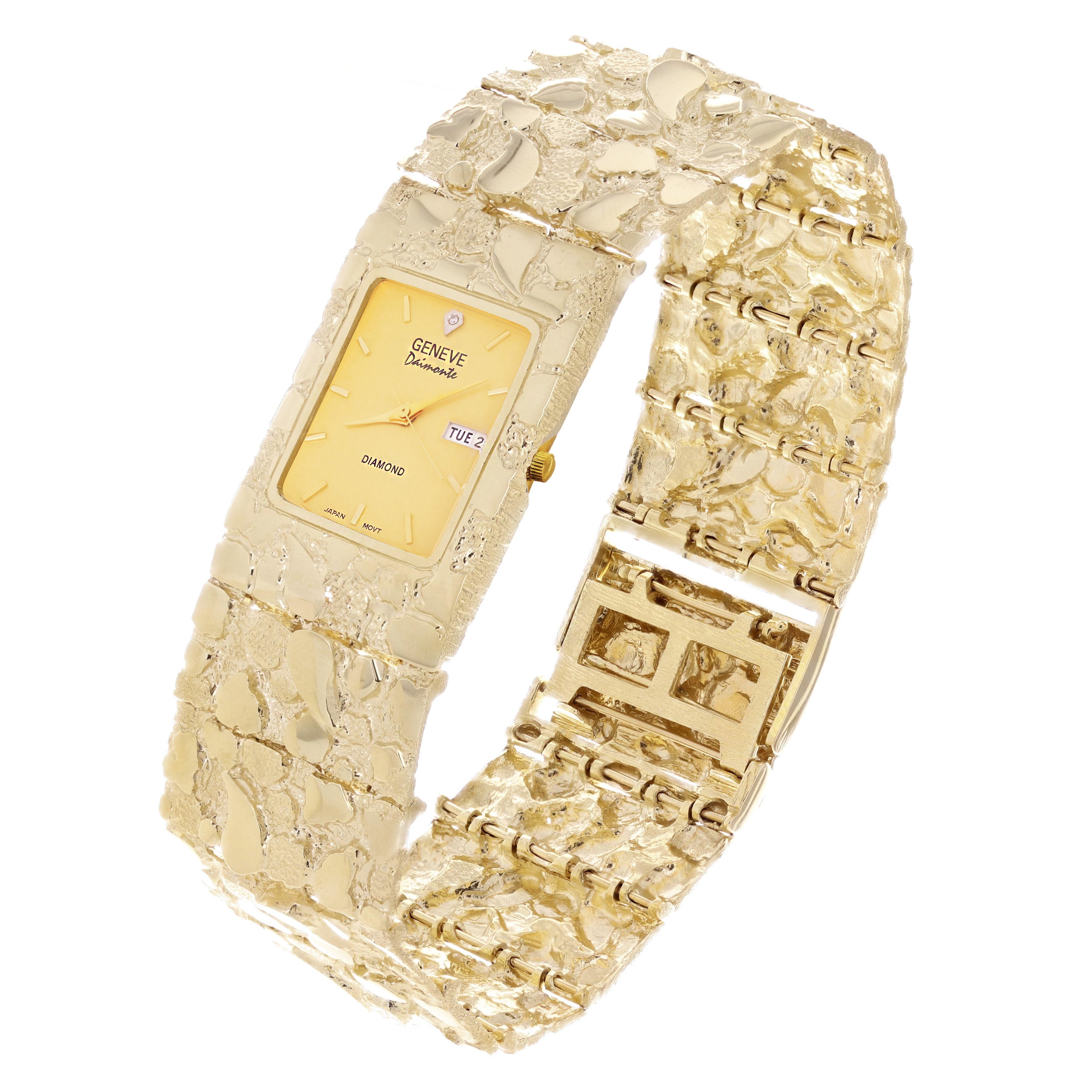 10k Yellow Gold Solid Chunky Nugget Wrist Watch Link Geneve Diamond Watch 7" 80.1 grams - Yellow 7" 80.1 grams