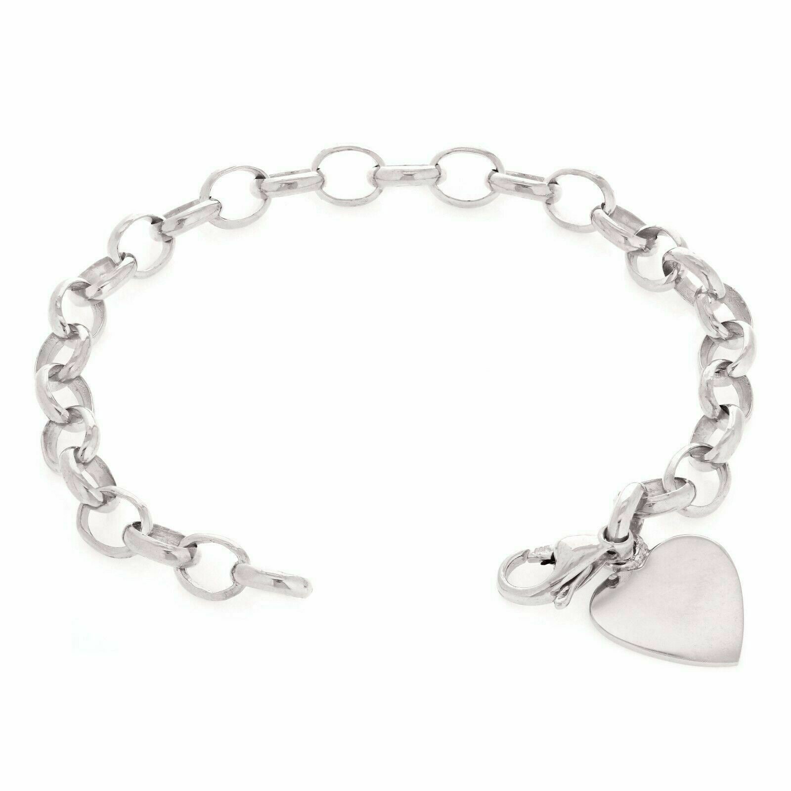 14k White Gold Rolo Link Chain Heart Charm Bracelet 7.5" 17 grams