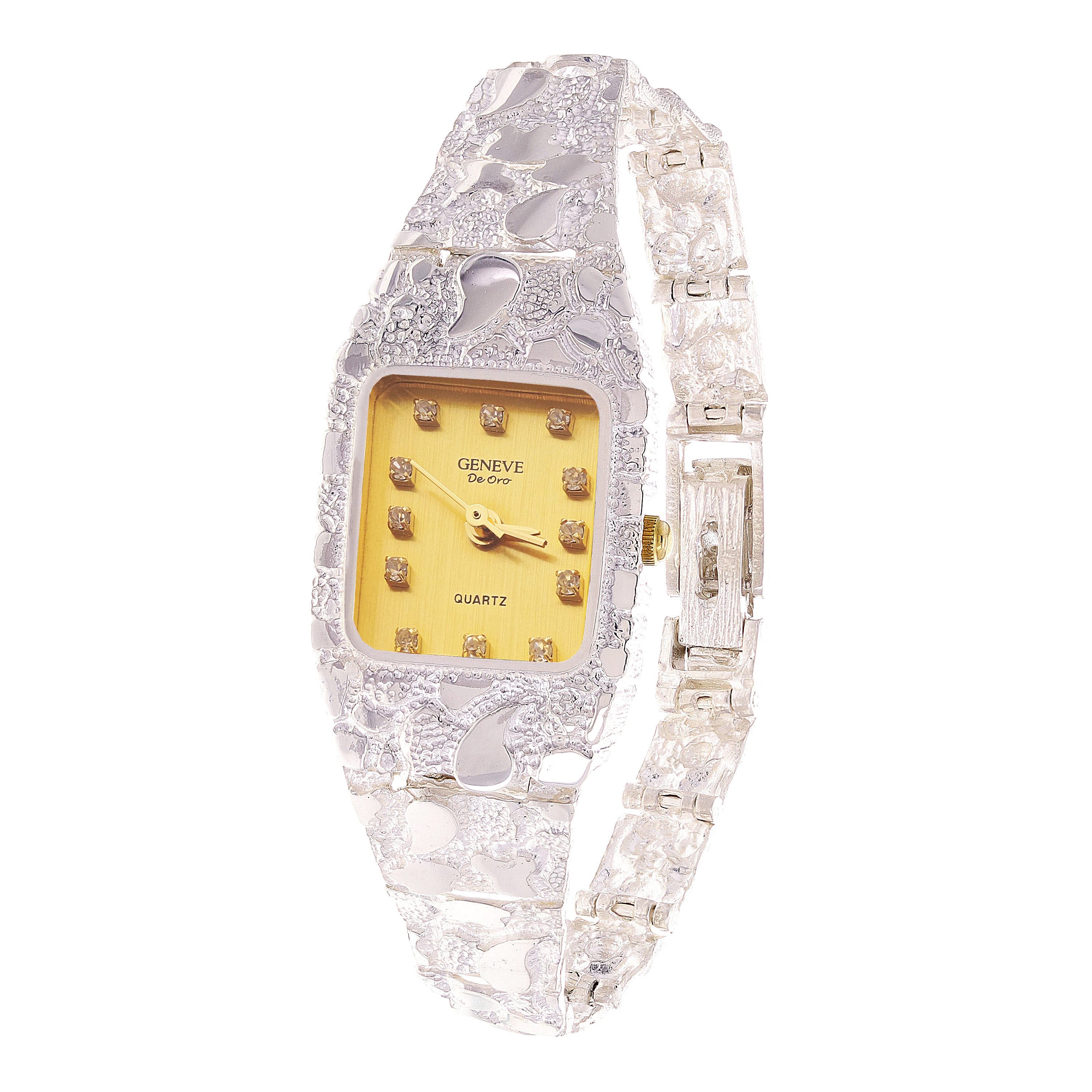 Women's Sterling Silver Nugget Wrist Watch Bracelet with Geneve Diamonds 7" - 8.5"