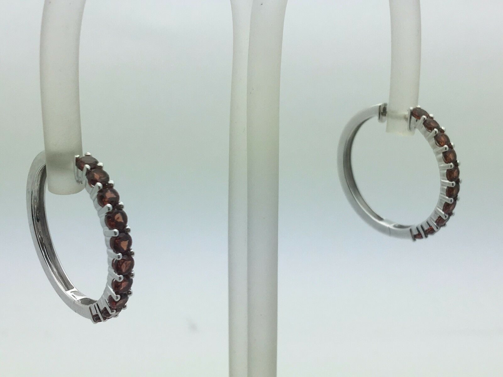 14k White Gold Hoop Loop Earrings with Natural Garnet Gemstones 6.2gram