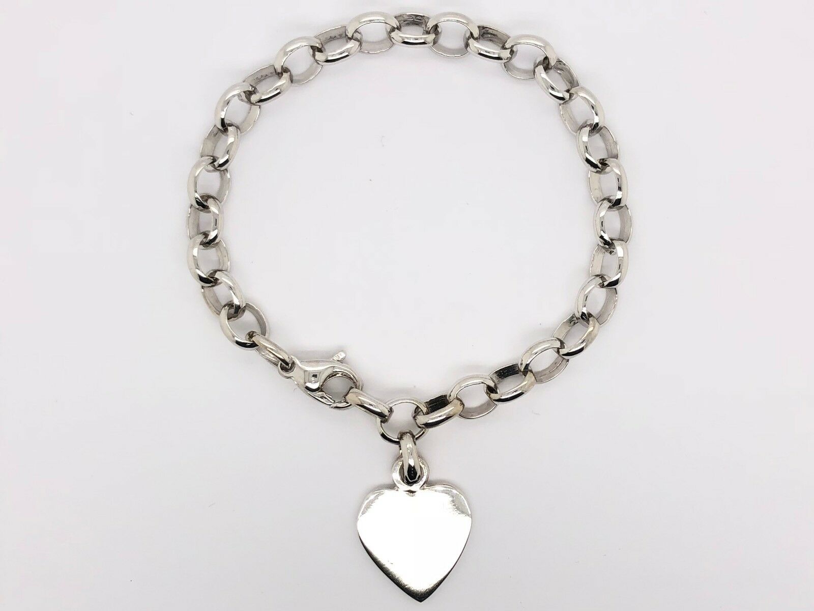 14k White Gold Oval Rolo Link Chain Heart Charm Bracelet 8" 18 grams