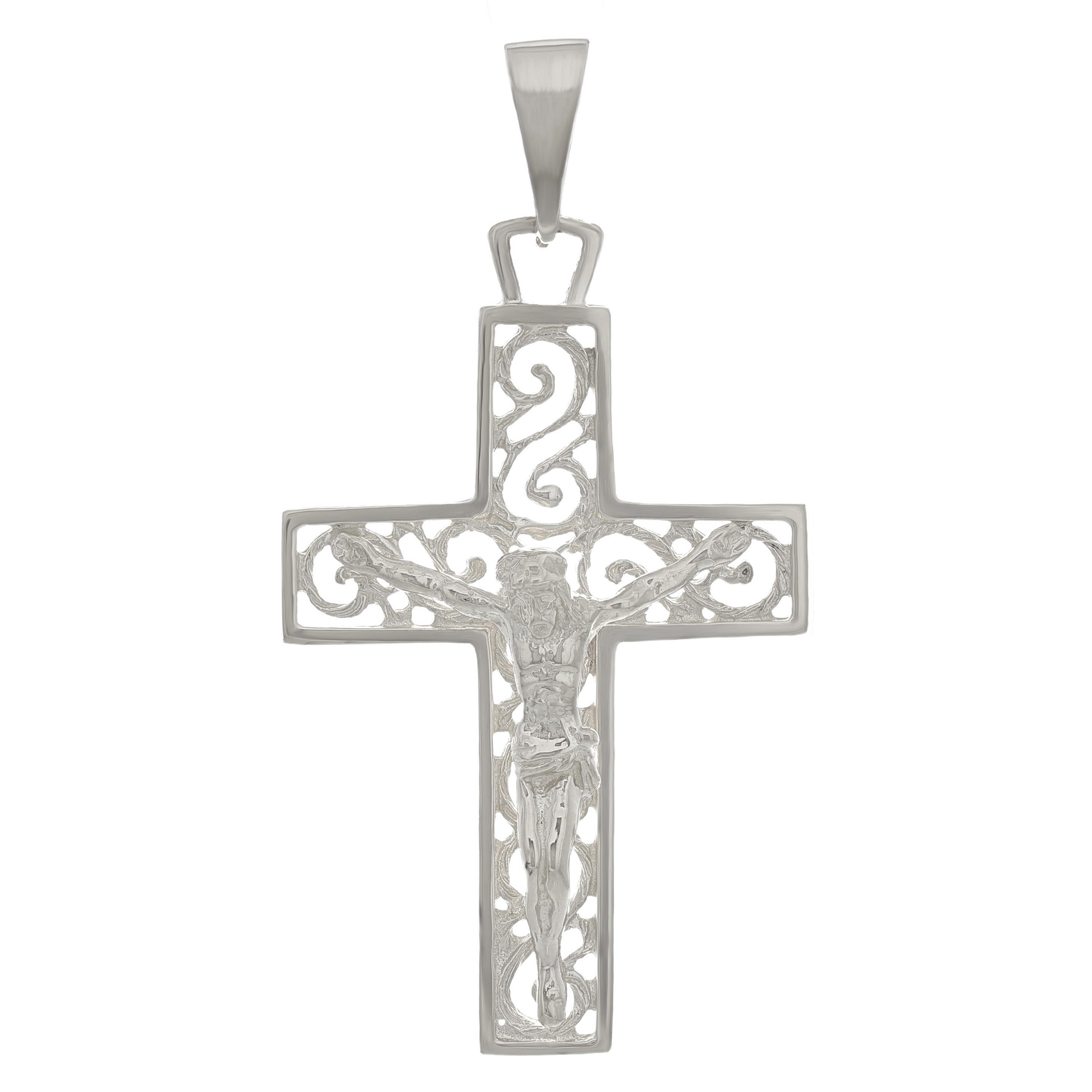 14k White Gold Religious Filigree Crucifix Cross Charm Pendant 2" 5.2 grams - White