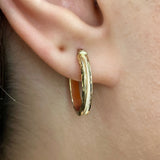 Italian 14k Yellow Gold Polished Diamond Cut & Brushed Finish Oval Hoop Earrings