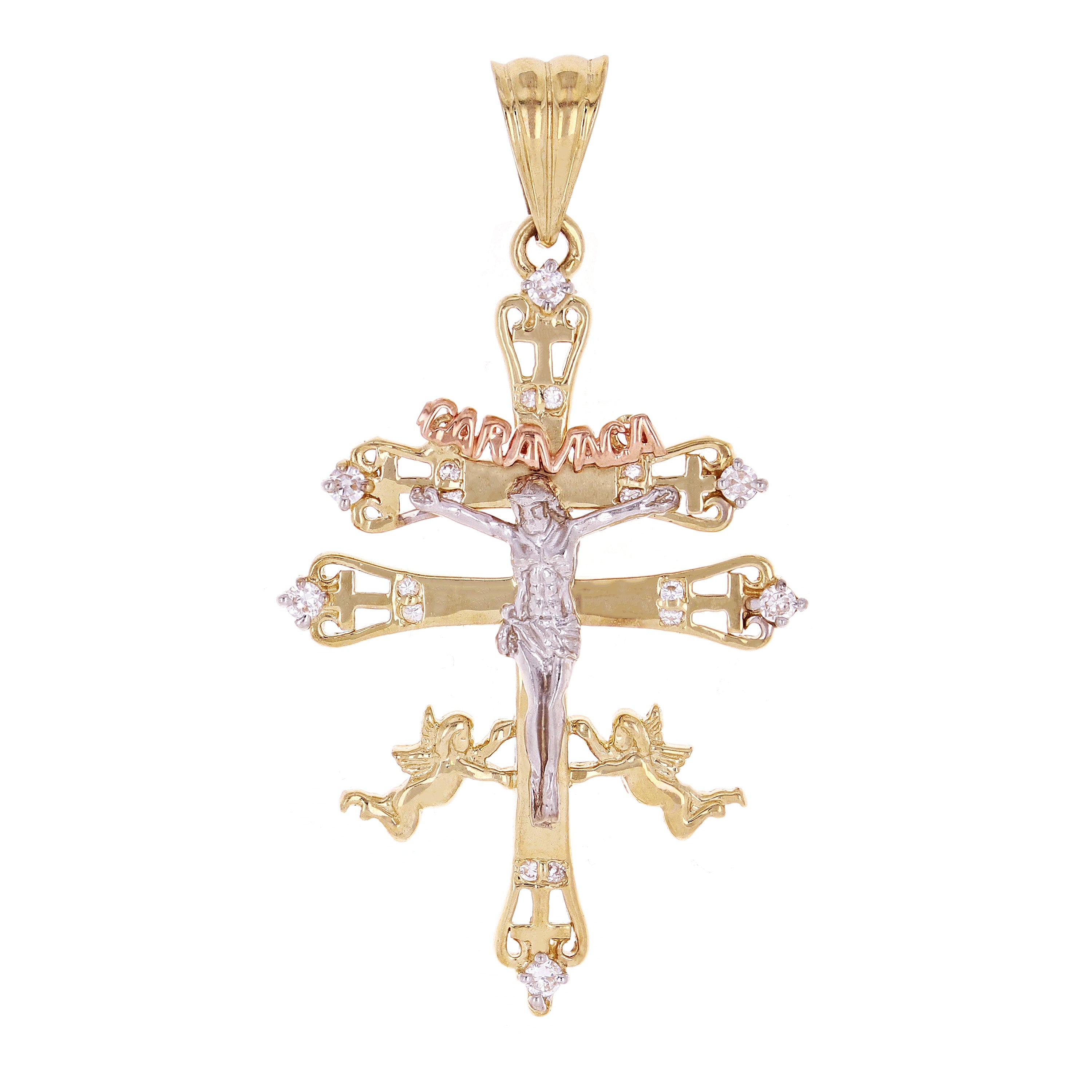 14k Tri Color Gold Caravaca Cross Crucifix Pendant with Cubic Zirconia 2.1" 7.3g