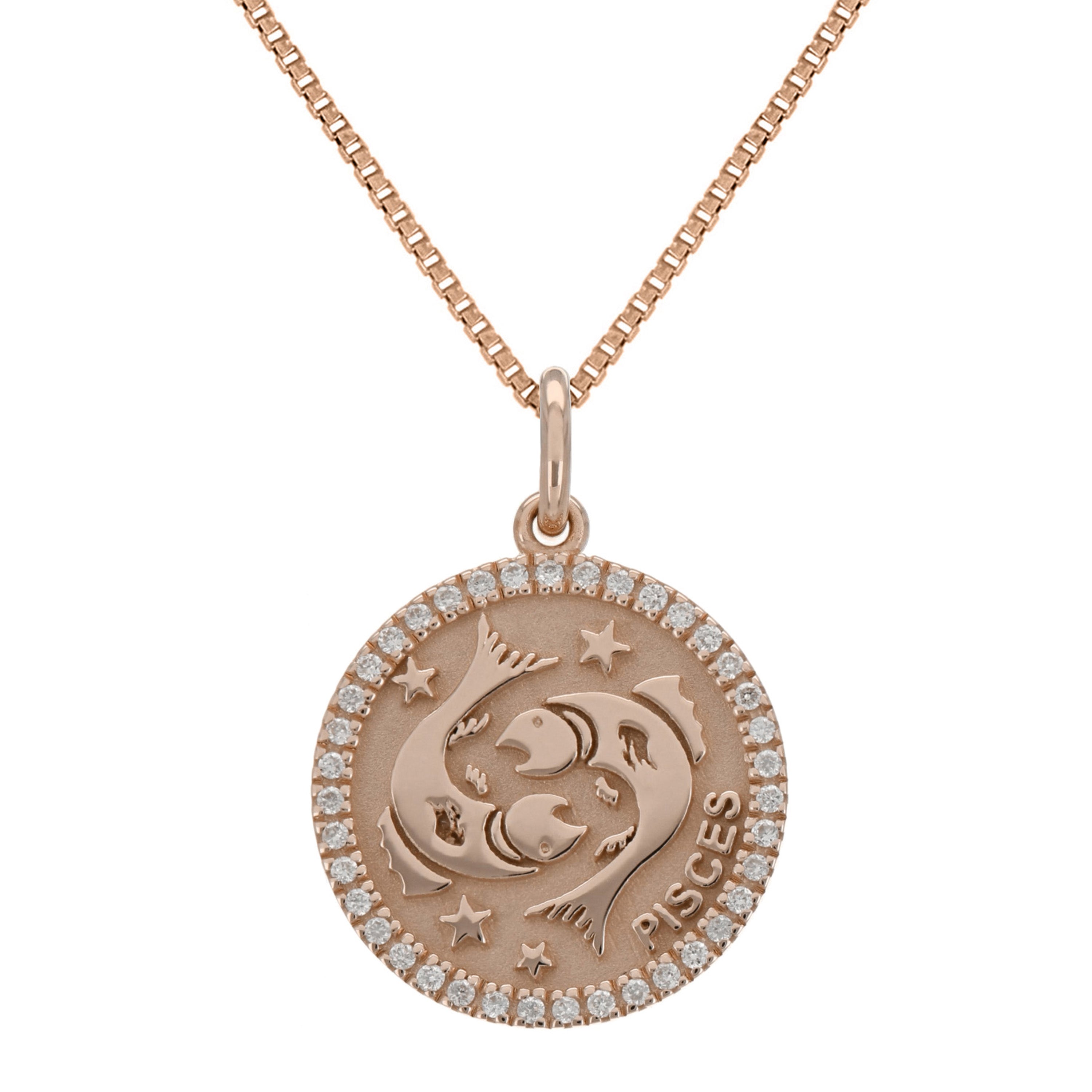 14k Rose Gold  Diamond Zodiac Sign Pisces Pendant Necklace 18" - Pisces,Rose