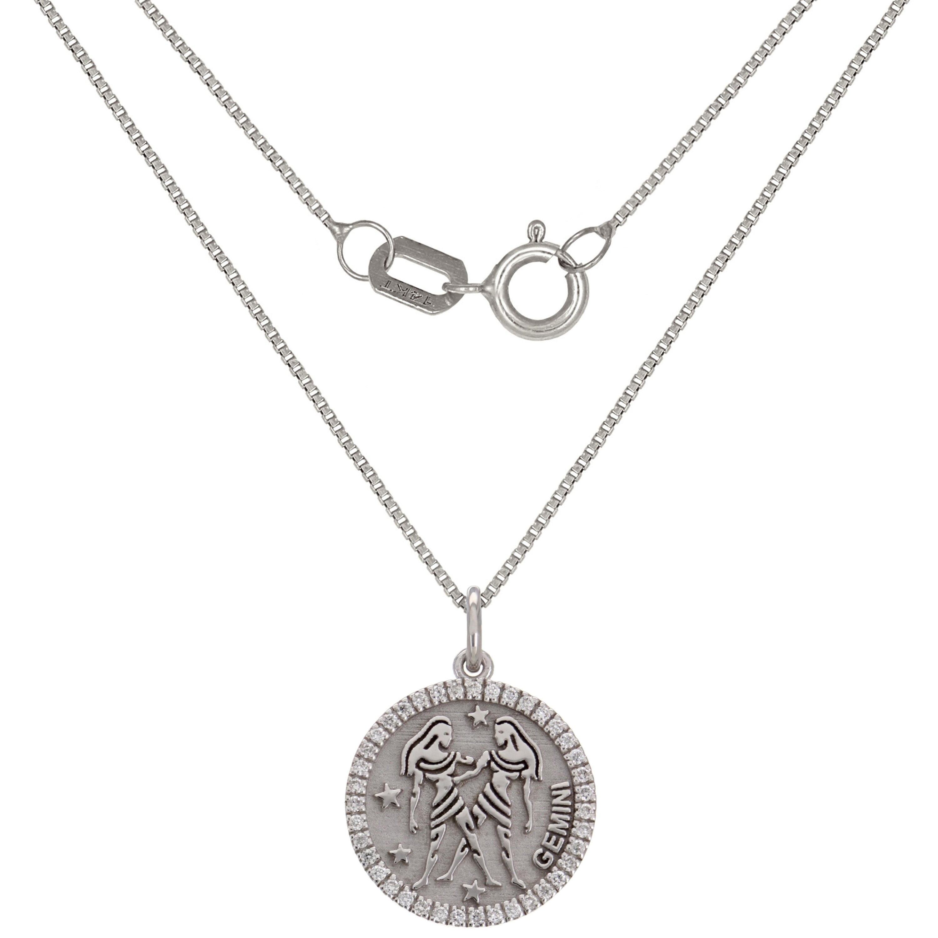 14k White Gold Diamond Zodiac Sign Gemini Pendant Necklace 18" - Gemini,White