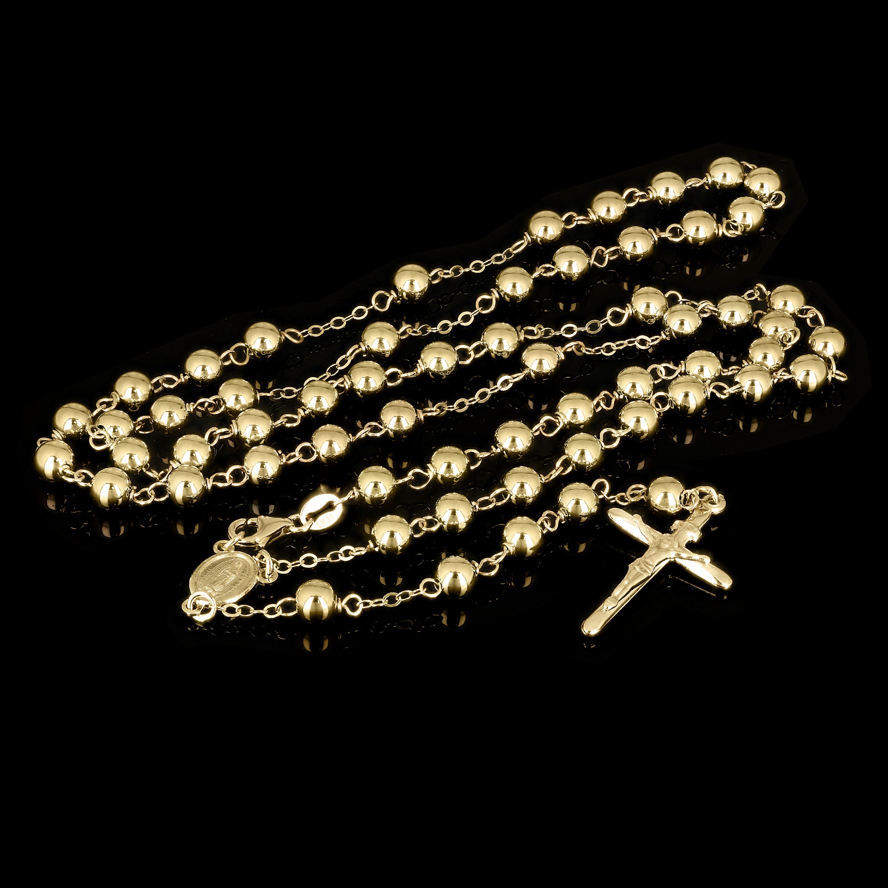 Italian 14k Yellow Gold Beaded Rosary Necklace 26" 6mm 15.2 grams