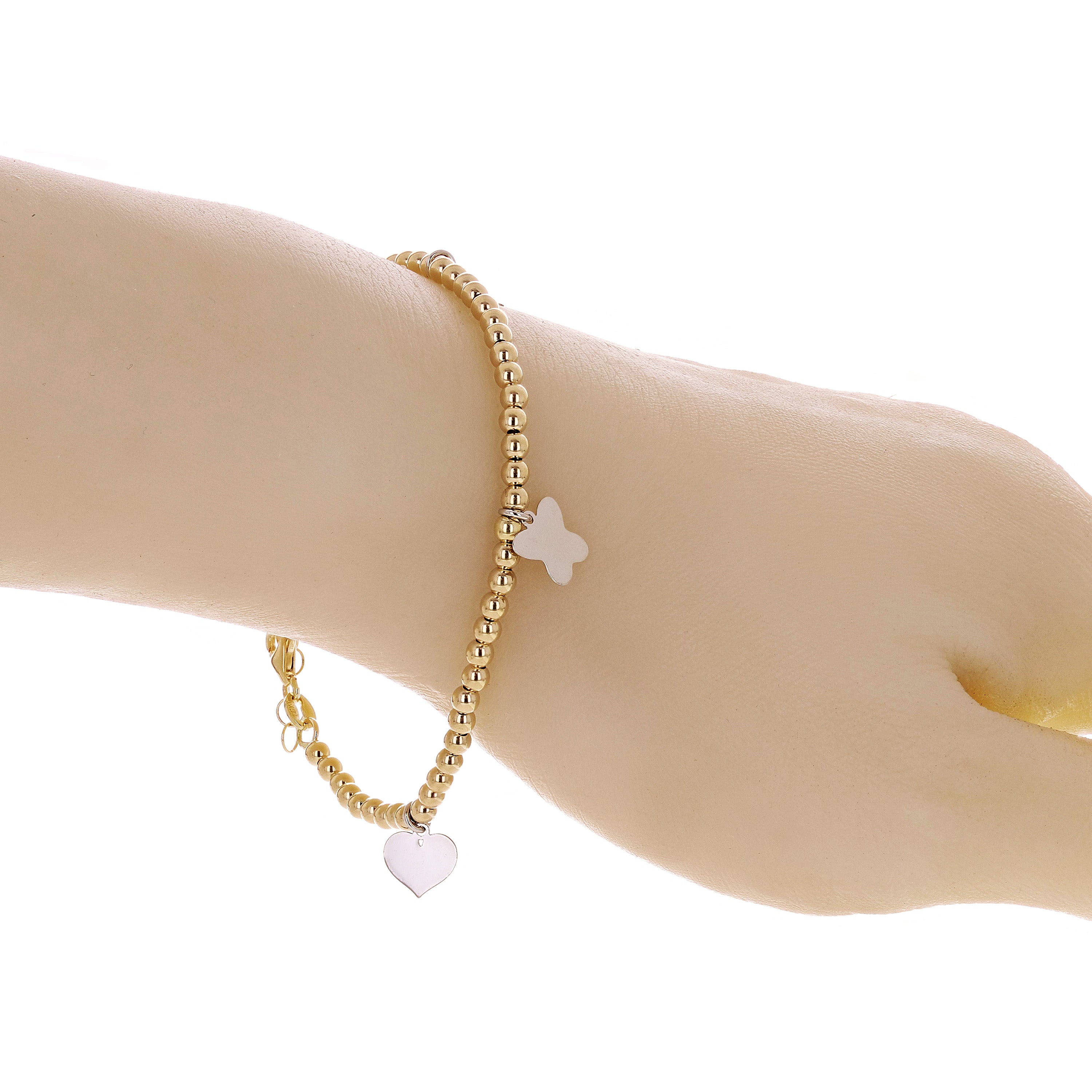 Italian 14k Two Tone Gold Ball Bead Bracelet with Butterfly & Heart Charms 7.75"