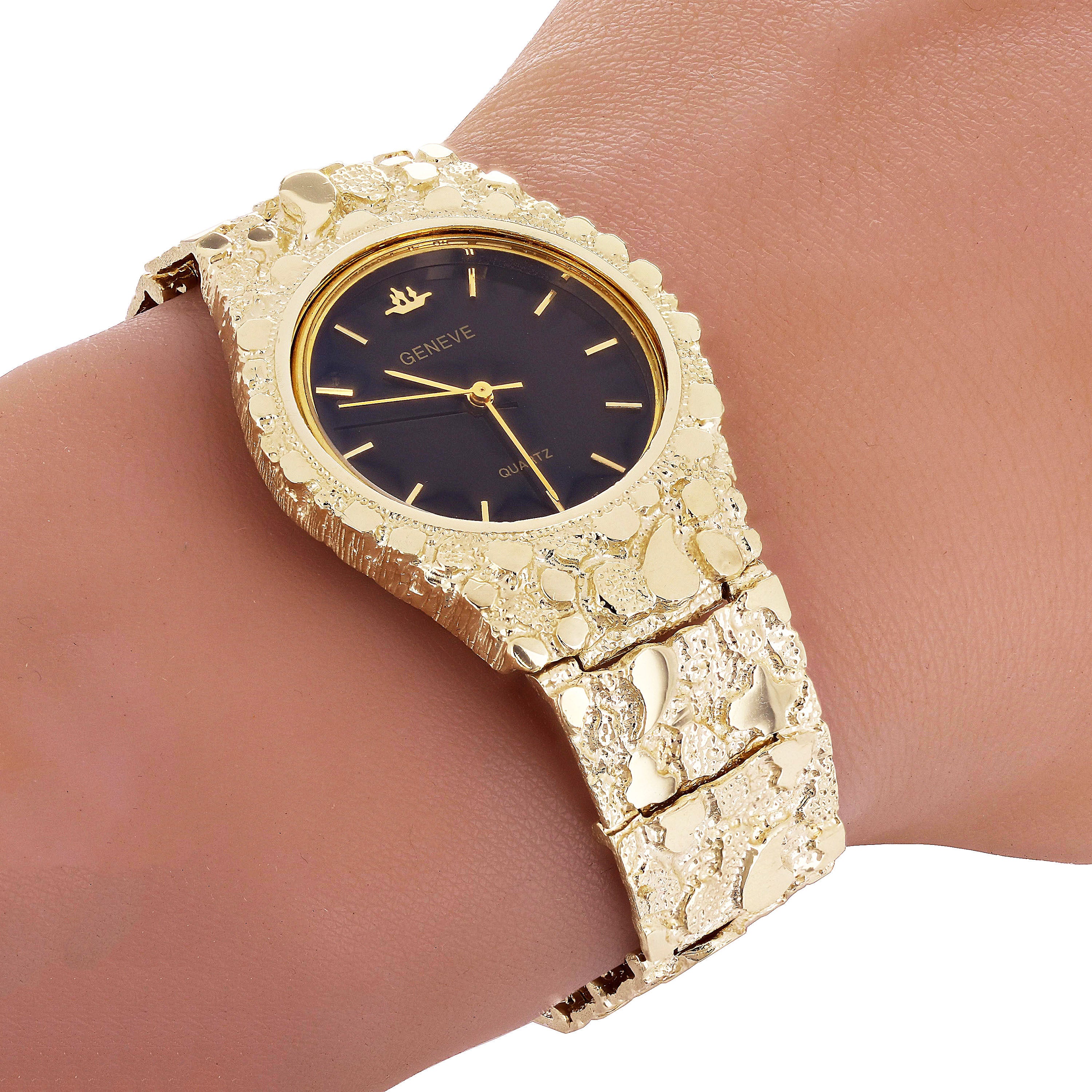 10k Yellow Gold Nugget Link Geneve Wrist Watch Straight Band Adj.8-8.5" 71.2g - 8.5" 71.2 grams