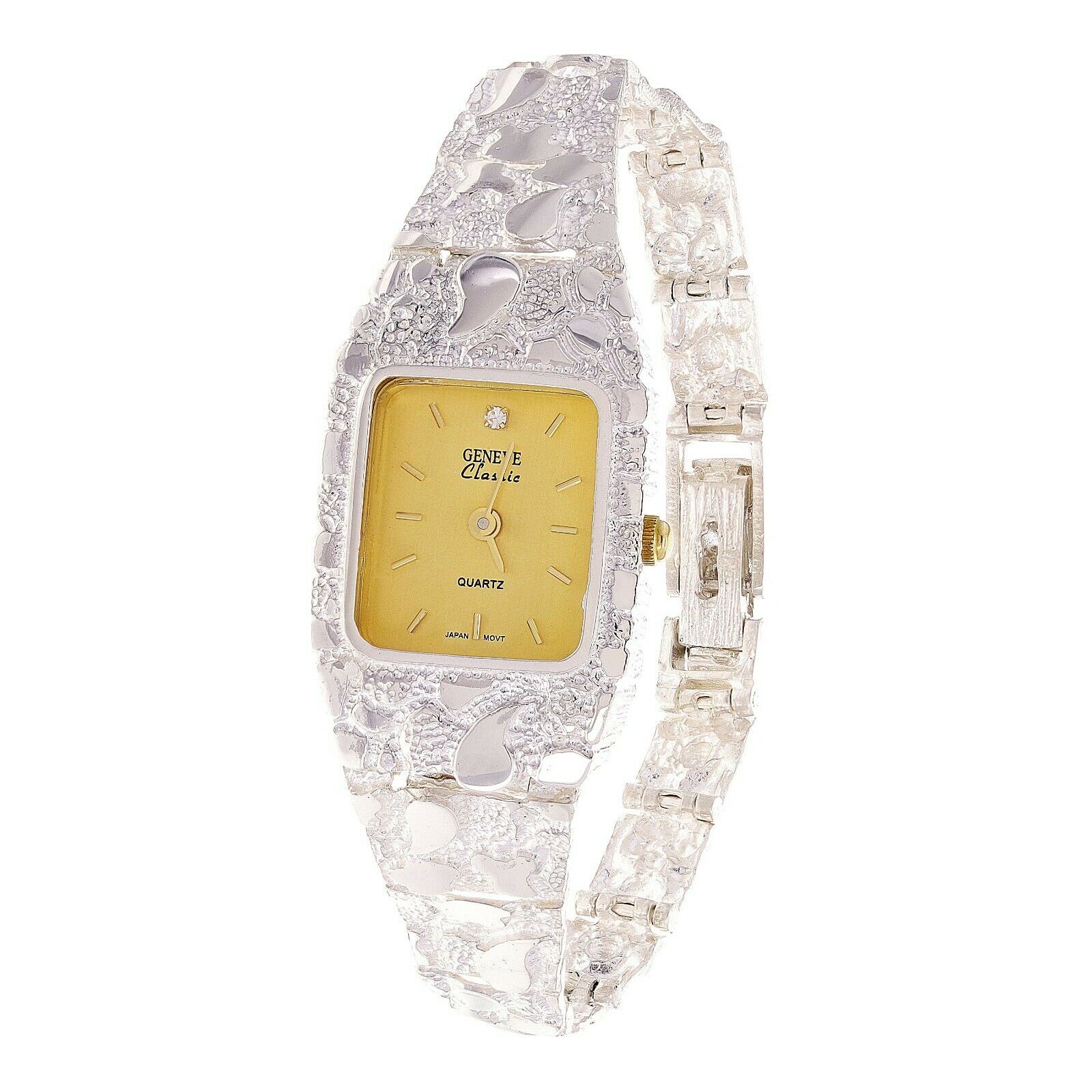Women's 925 Sterling Silver Nugget Geneve Diamond Watch 6.5" 24 grams