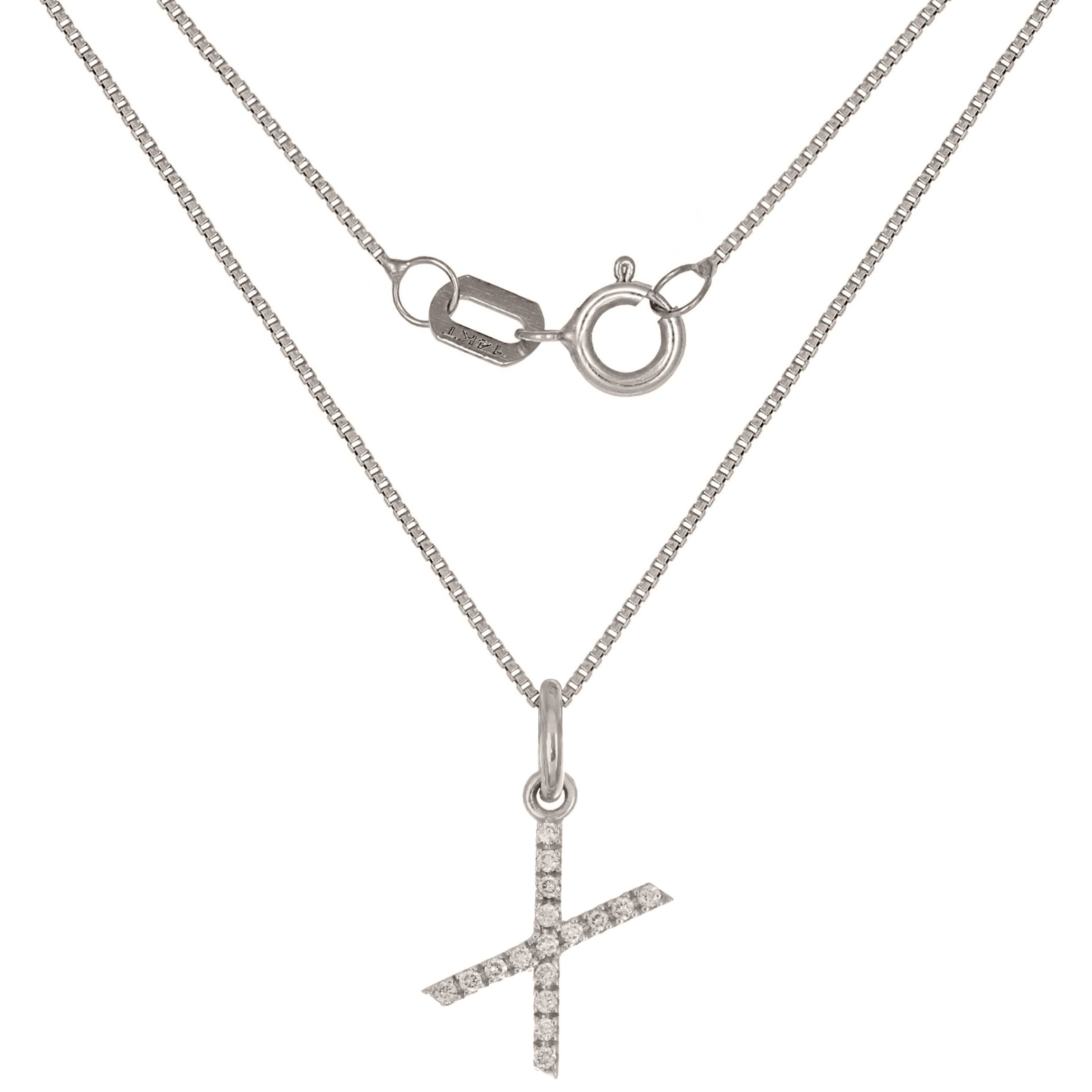 14k White Gold Diamond Initial Letter X Charm Pendant Necklace 18" - Letter X,White