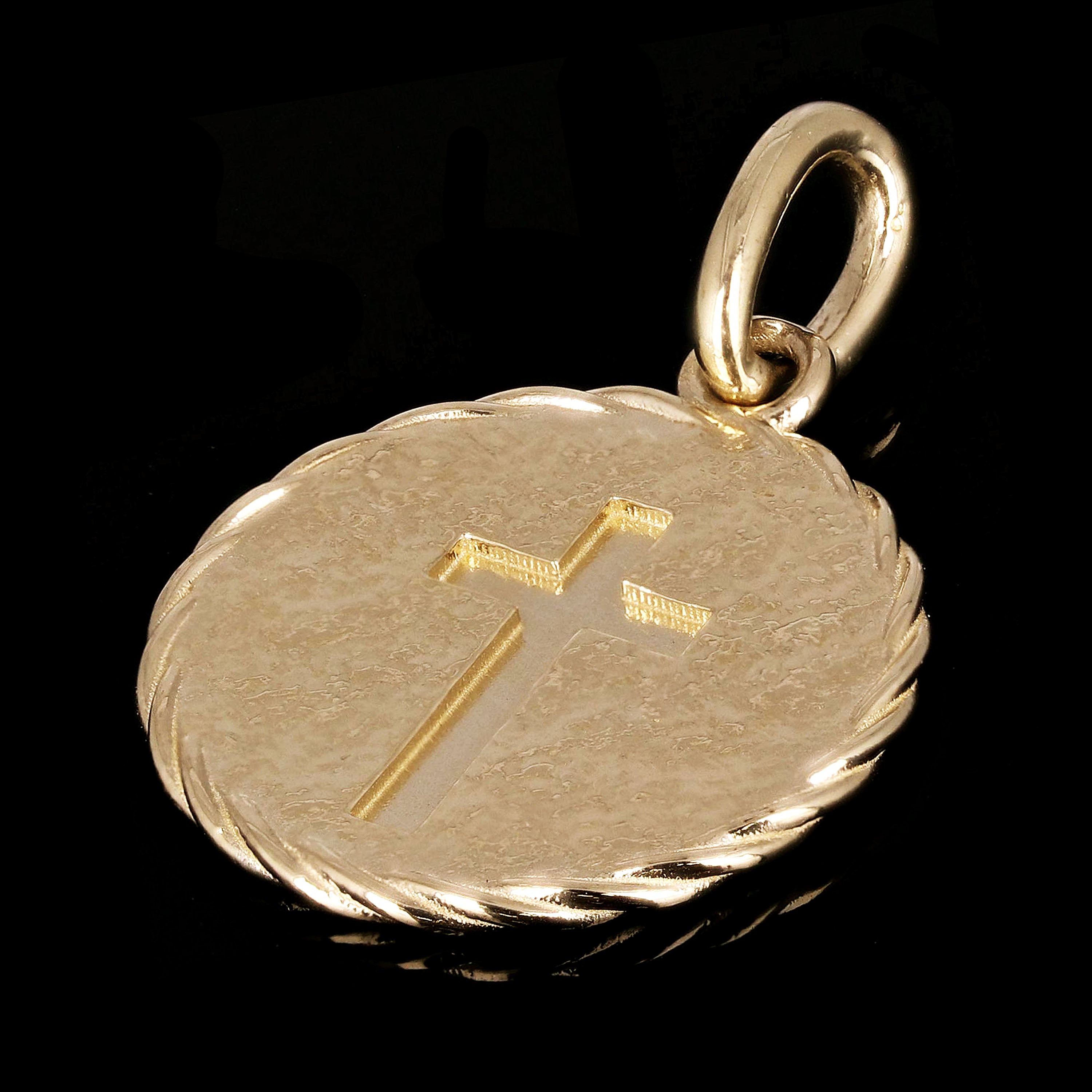14k Yellow Gold Round Cross Medal Rope Disc Charm Pendant 6 grams
