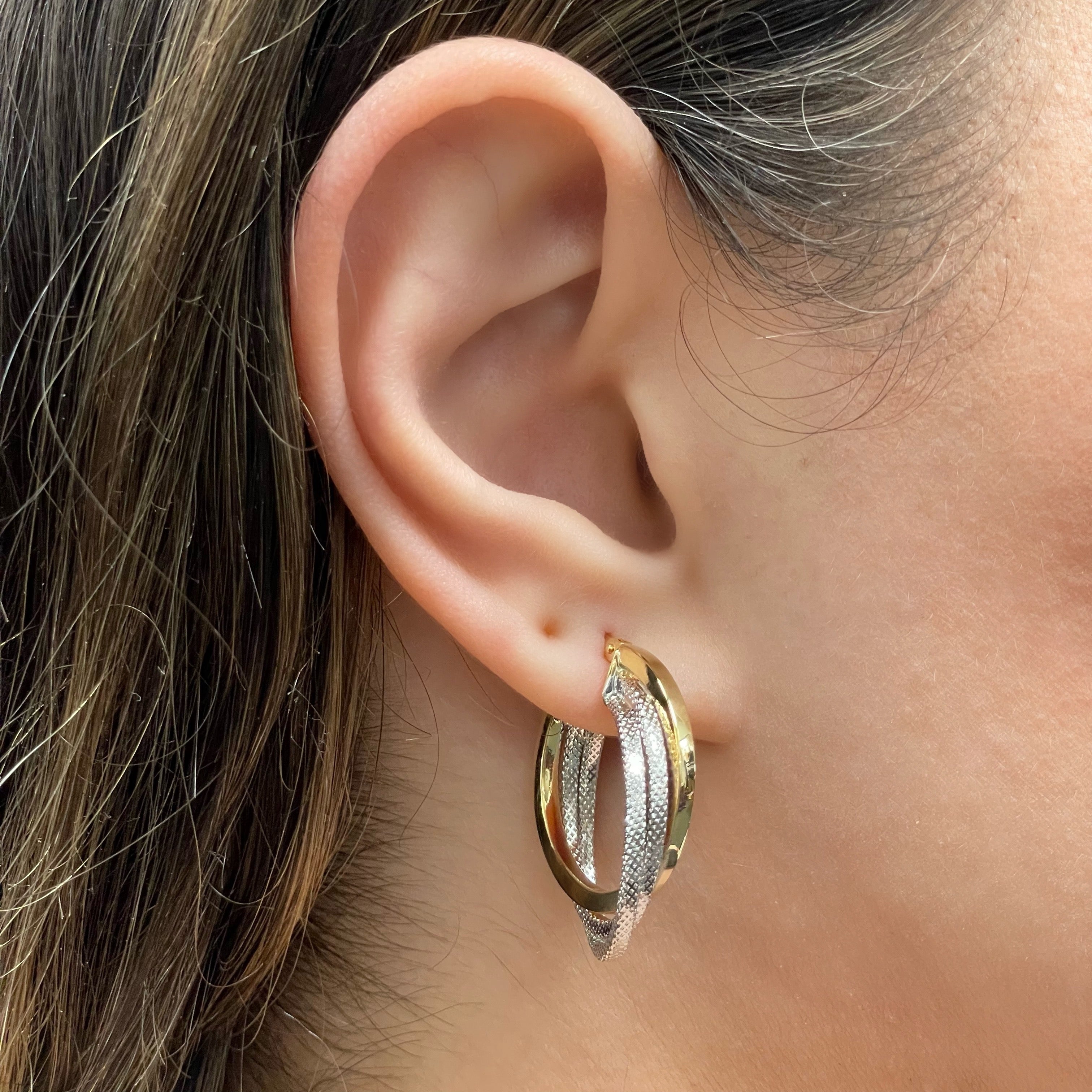 Italian 14k Yellow & White Gold Lattice & Shine Triple Entwined Hoop Earrings