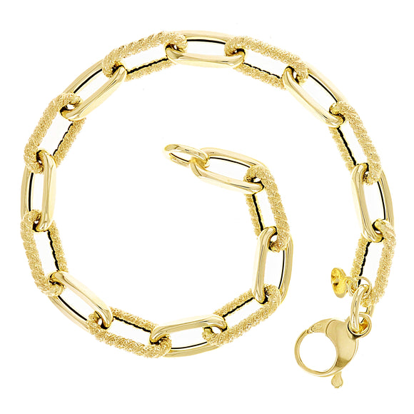 Italian 14k Yellow Gold Plain & Rope Paper Clip Link Bracelet 8