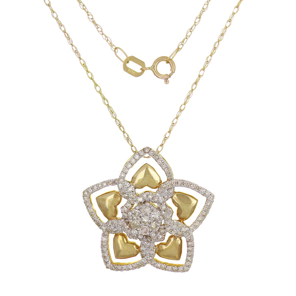 10k Yellow Gold 0.66ctw Diamond Heart Hibiscus Flower Pendant Necklace