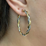 Italian 14k Yellow & White Gold Twisted Diamond Cut Large Hollow Hoop Earrings