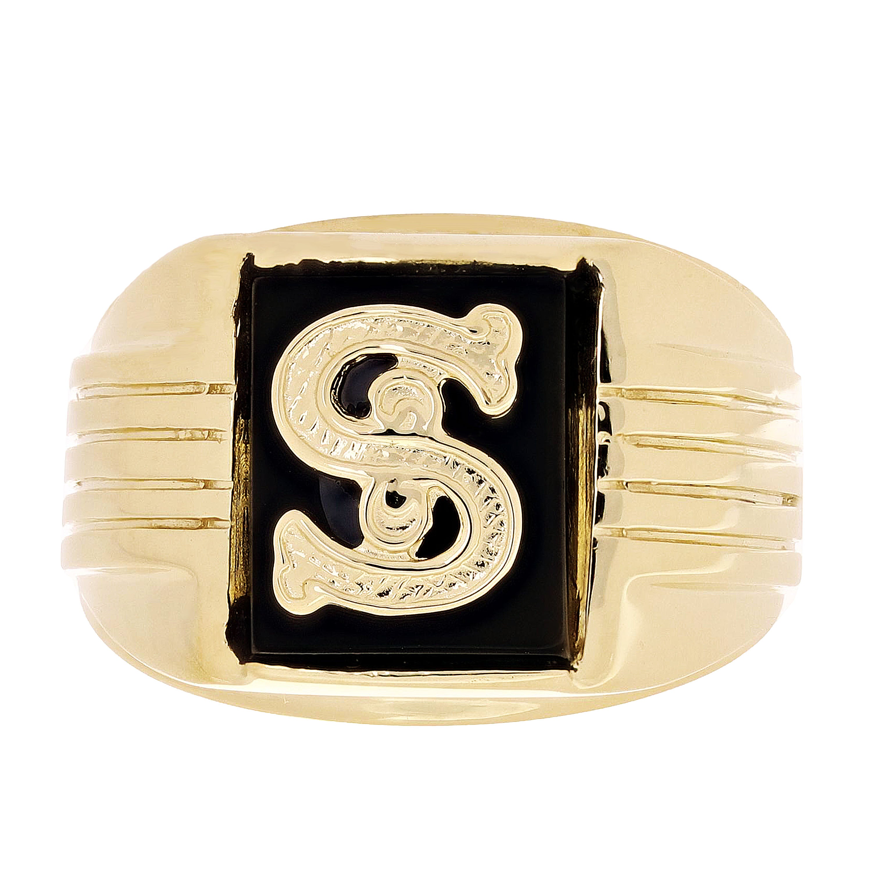 Men's 14k Yellow Gold Black Onyx Initial Letter S Ring Size 9 - 11.3 grams