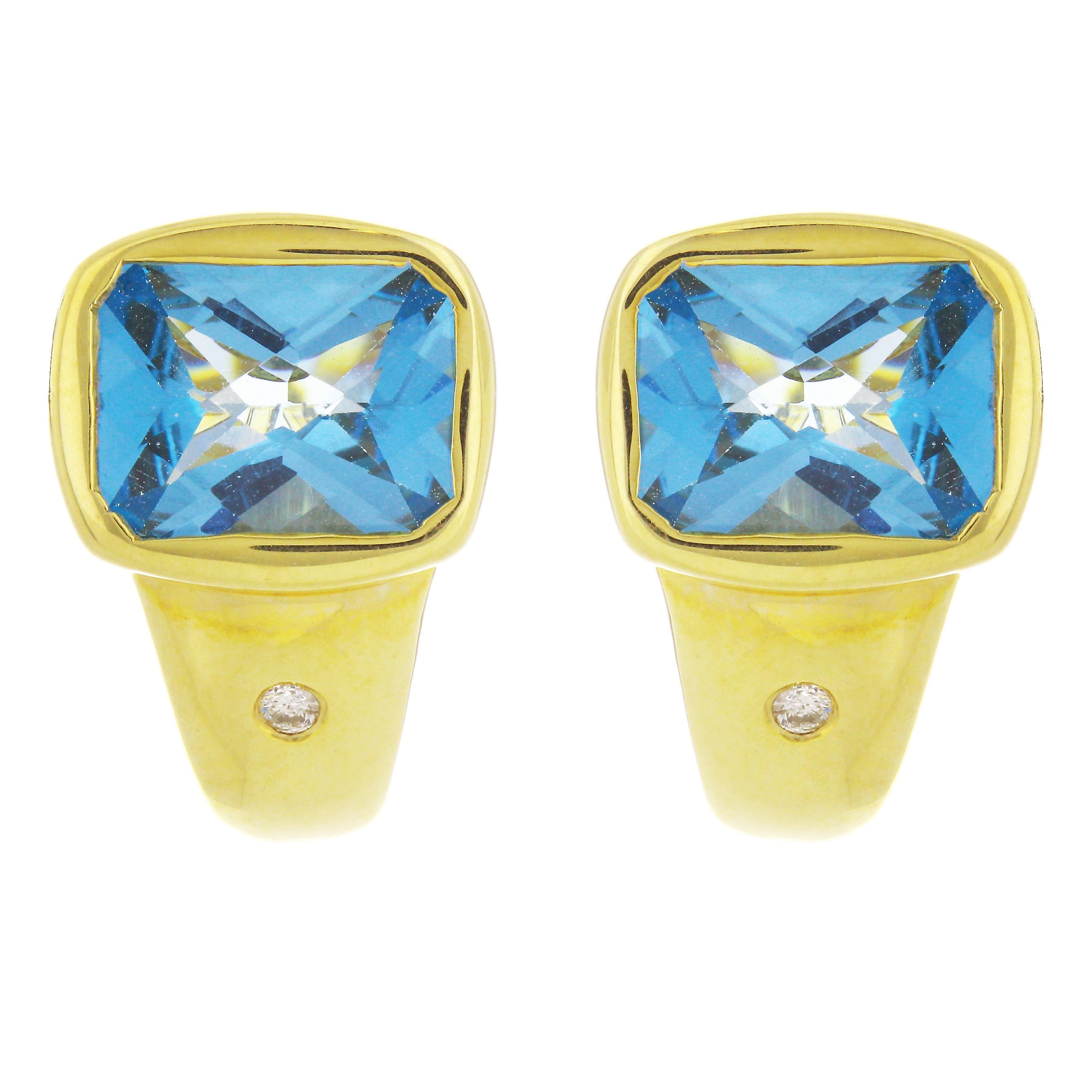 14k Yellow Gold Blue Topaz & Diamond Half Hoop Earrings