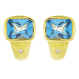 14k Yellow Gold Blue Topaz & Diamond Half Hoop Earrings