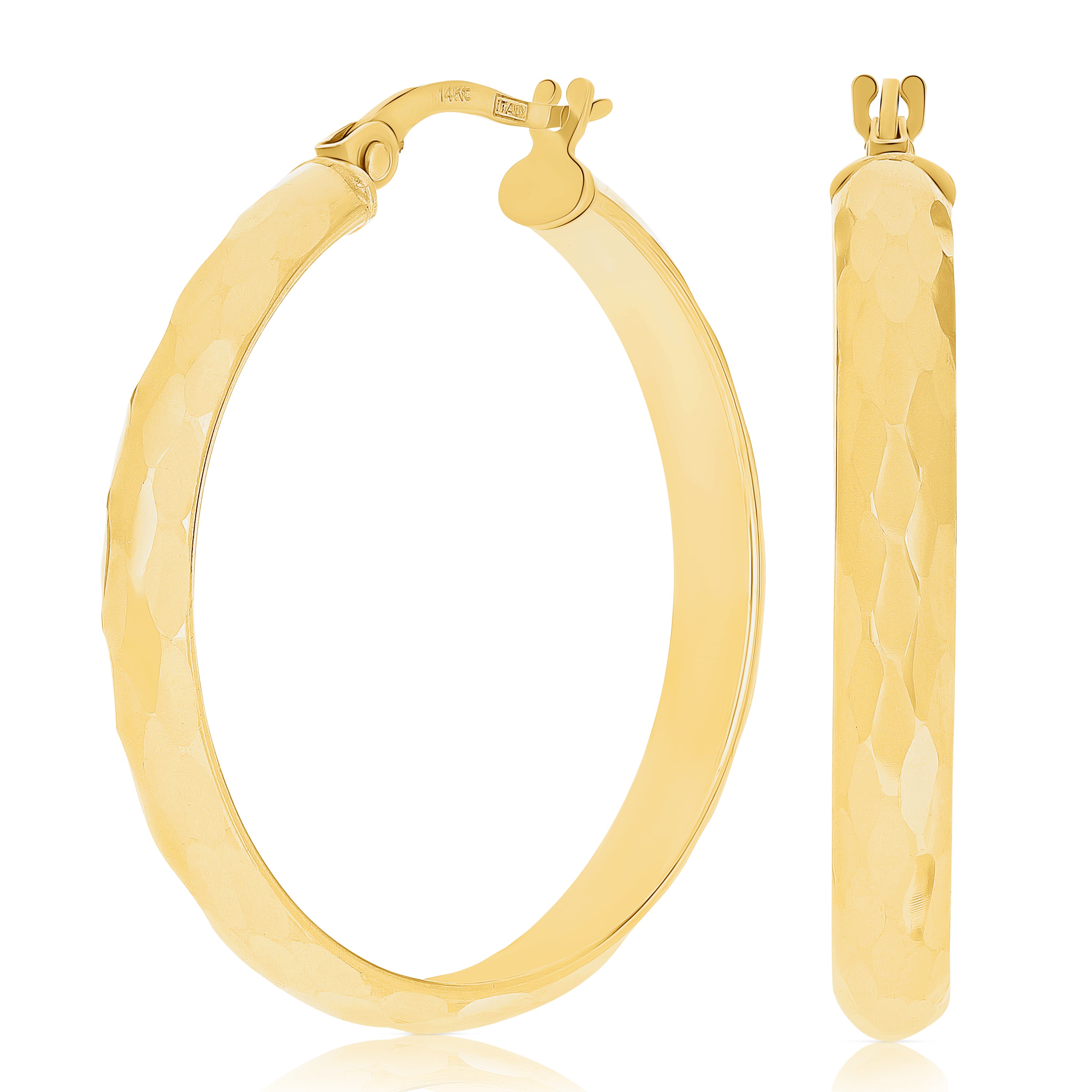 Italian 14k Yellow Gold Polished Faceted Hollow Large Hoop Earrings 1.2"