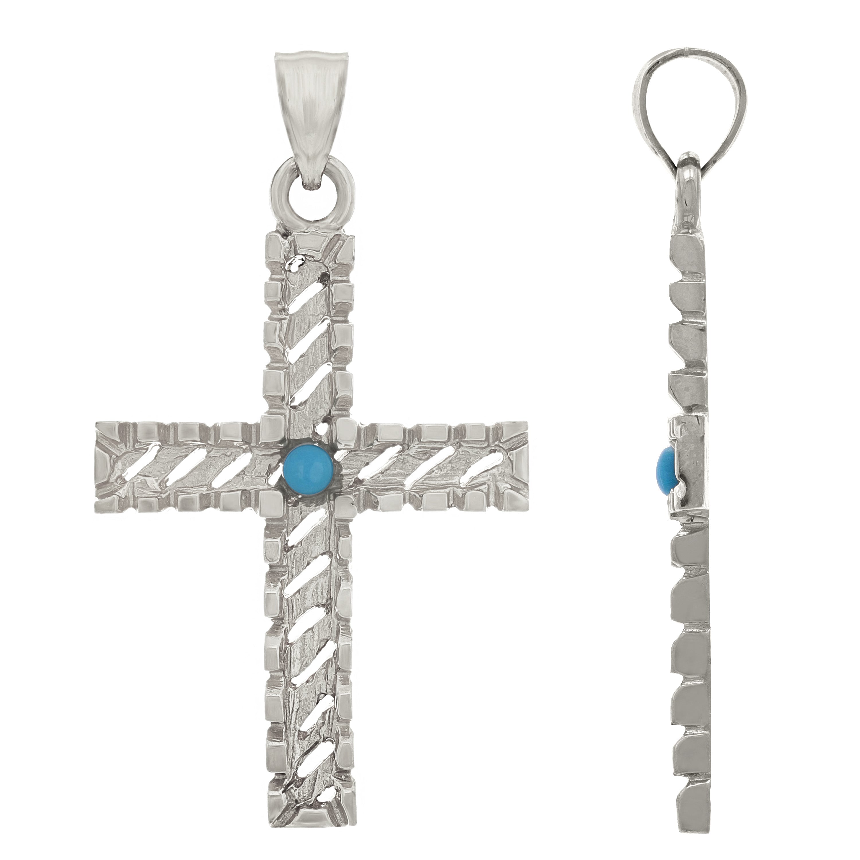 14k White Gold Turquoise Diamond Cut Cross Charm Pendant 1.45" 3.3 grams - White