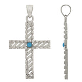 14k White Gold Turquoise Diamond Cut Cross Charm Pendant 1.45" 3.3 grams - White