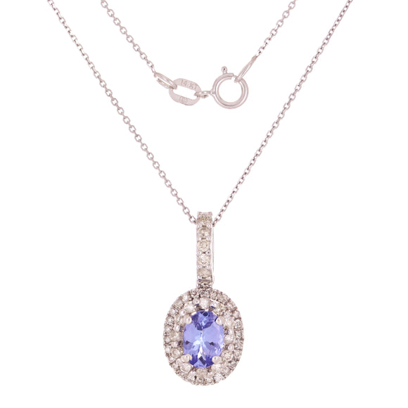 14k White Gold 2/5 ctw Tanzanite & Diamond Oval Pendant Necklace 18