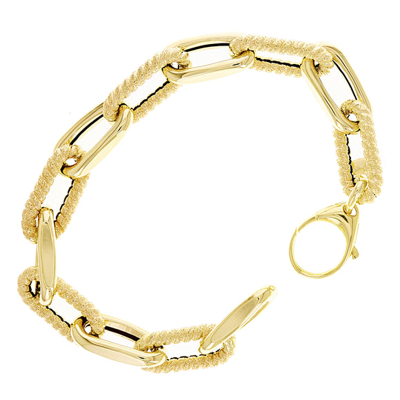 Italian 14k Yellow Gold Plain & Rope Paper Clip Link Bracelet 7.5