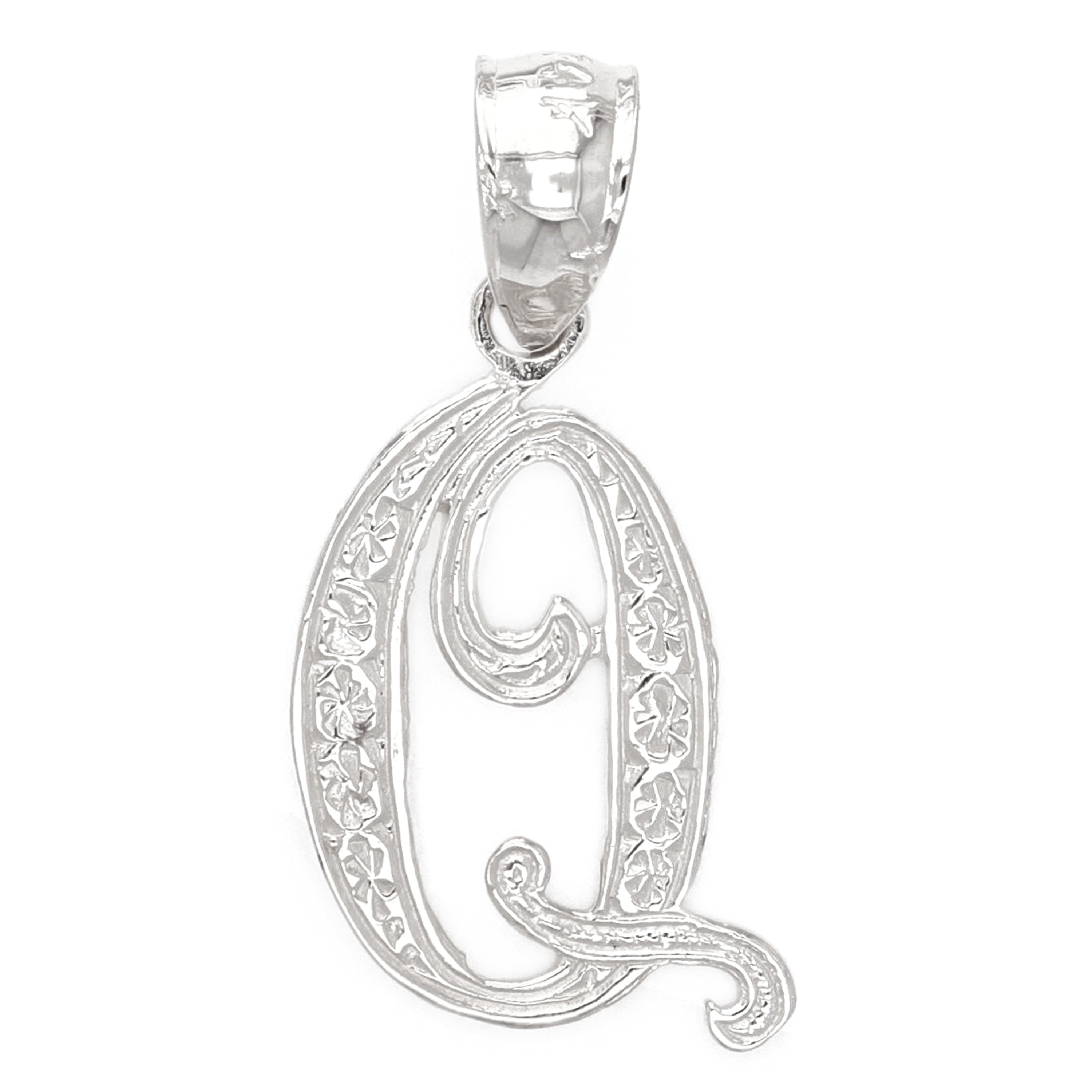 14k White Gold Initial Letter Q Alphabet Charm Pendant - Letter Q,White