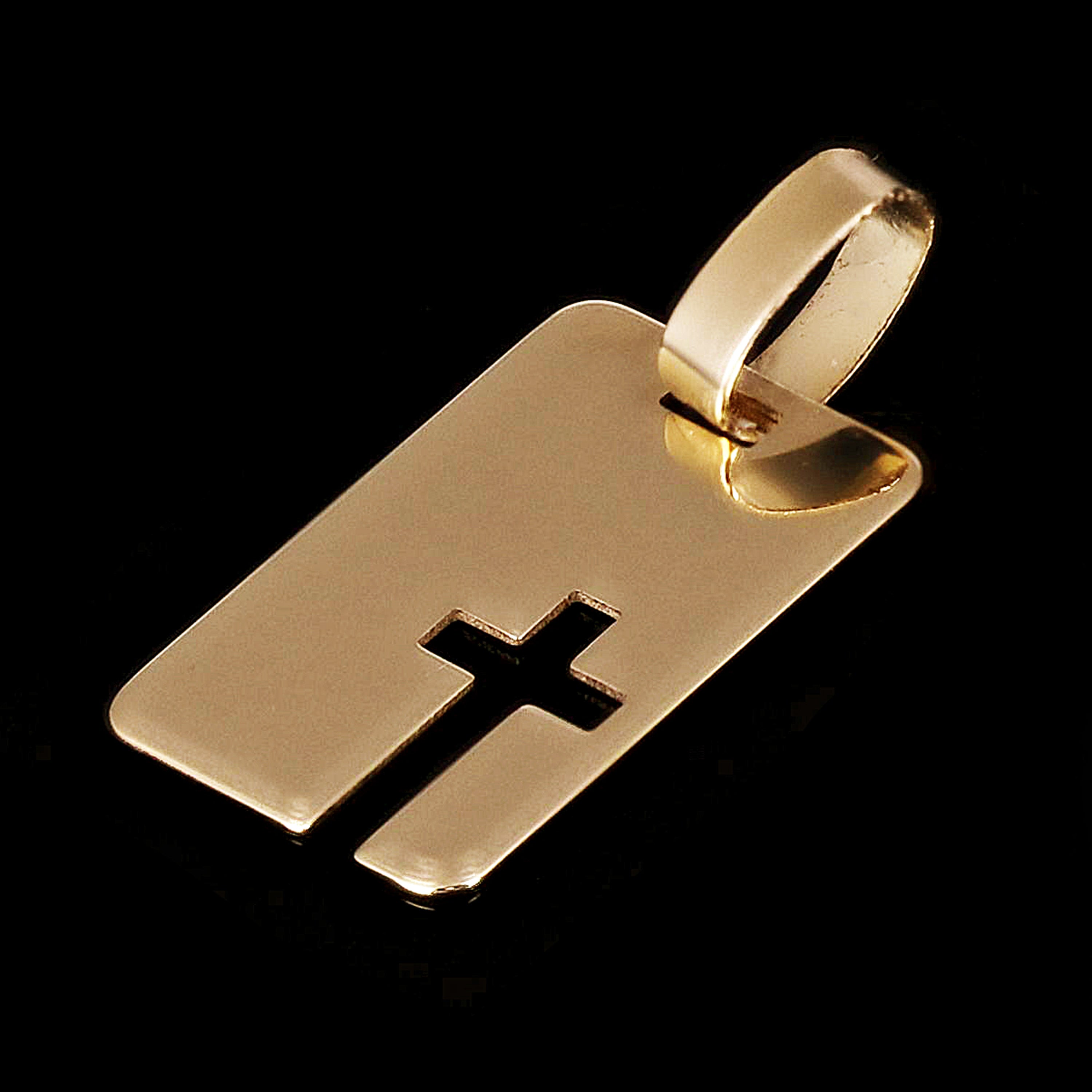 Italian 14k Yellow Gold  Cross Cut Out Disc Rectangle Charm Pendant 0.5 gram - Small