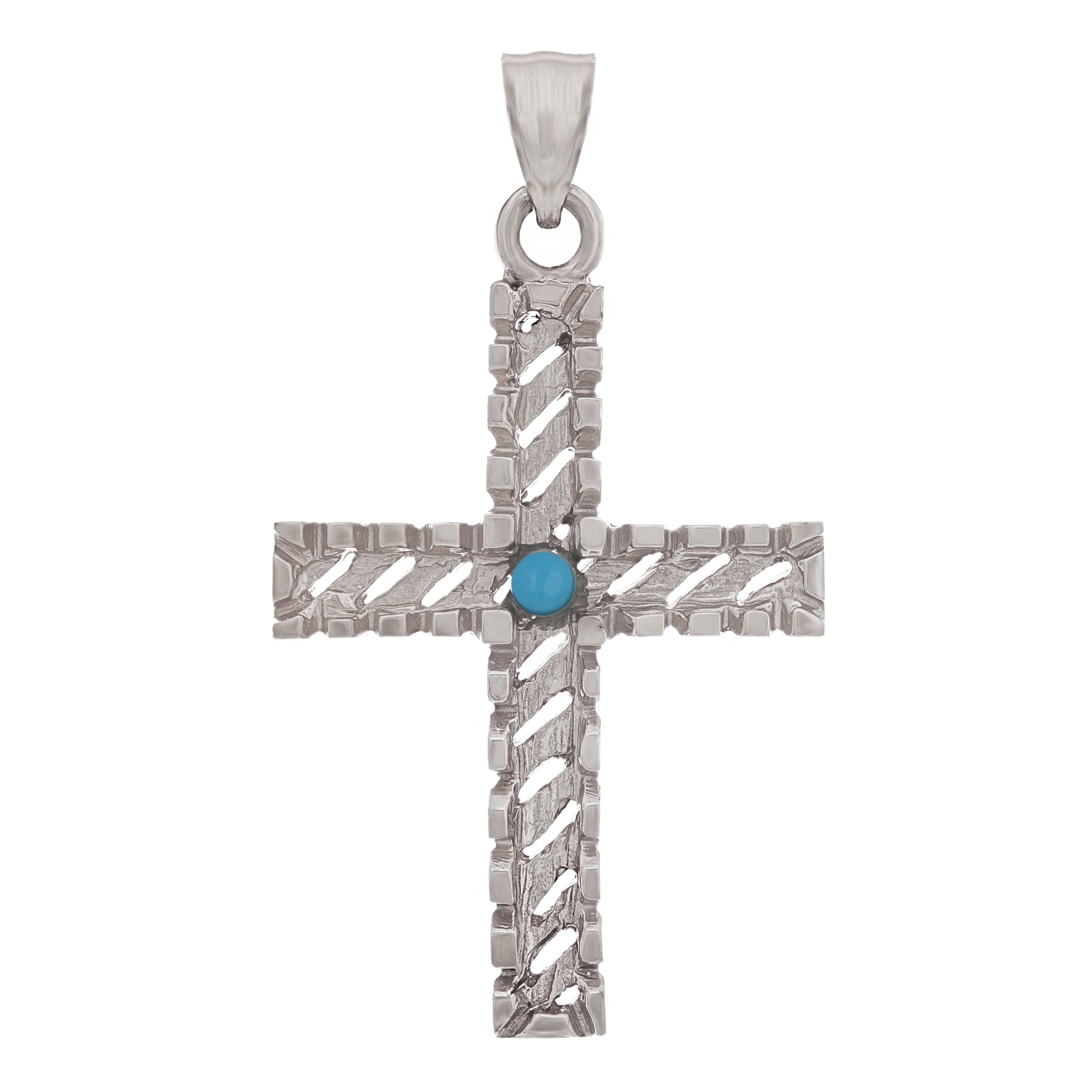 14k White Gold Turquoise Diamond Cut Cross Charm Pendant 1.45" 3.3 grams - White
