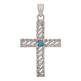 14k White Gold Turquoise Diamond Cut Cross Charm Pendant 1.45" 3.3 grams - White