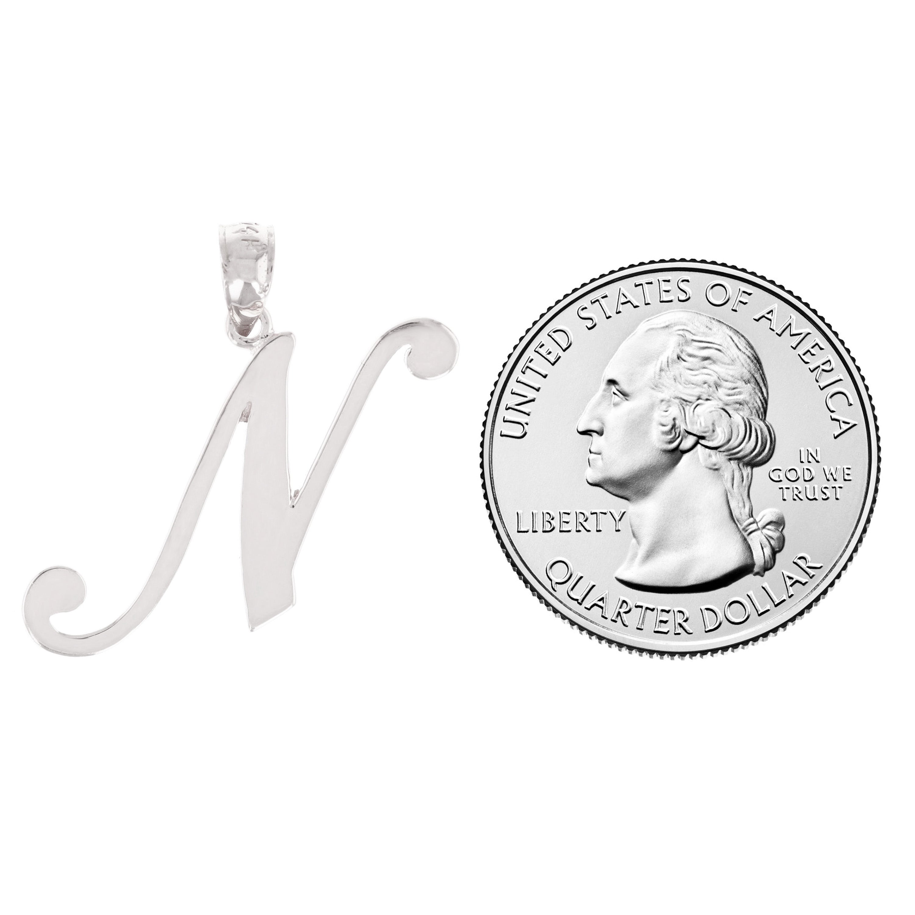 14k White Gold Initial Letter N Alphabet Charm Pendant - Letter N,White