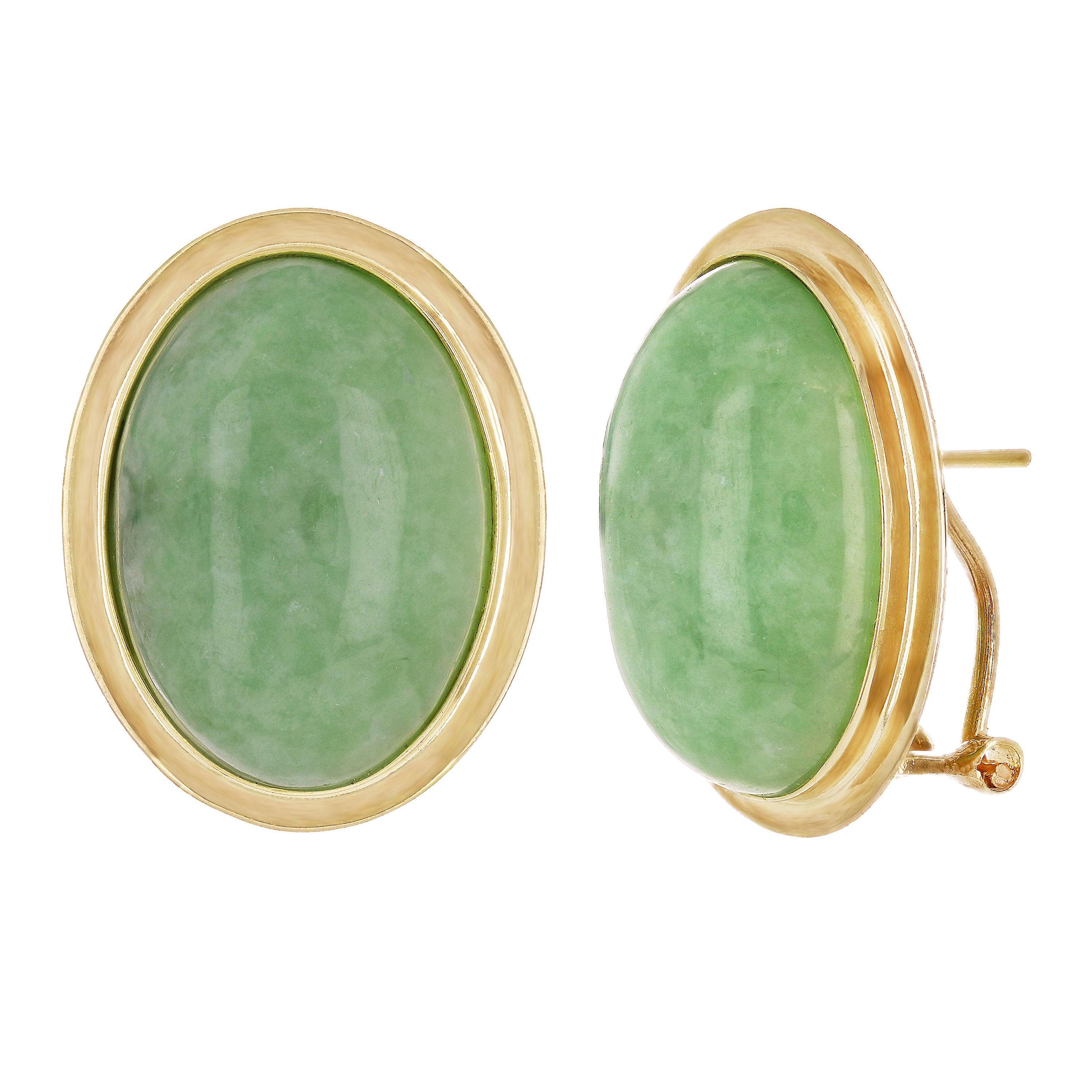 14K Yellow Gold Oval Cabochon Jade Earrings 25.5mm x 16.8mm 8.4 grams