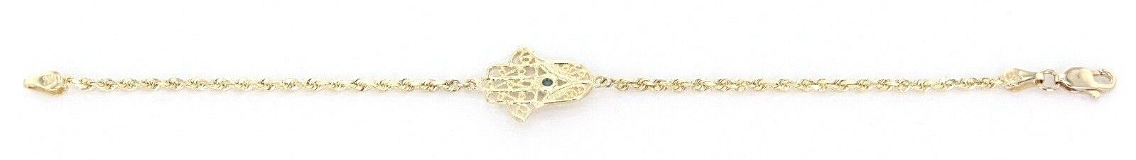 14k Yellow Gold Rope Chain Bracelet with Hamsa Hand of Fatima Charm 8" 5.4 grams