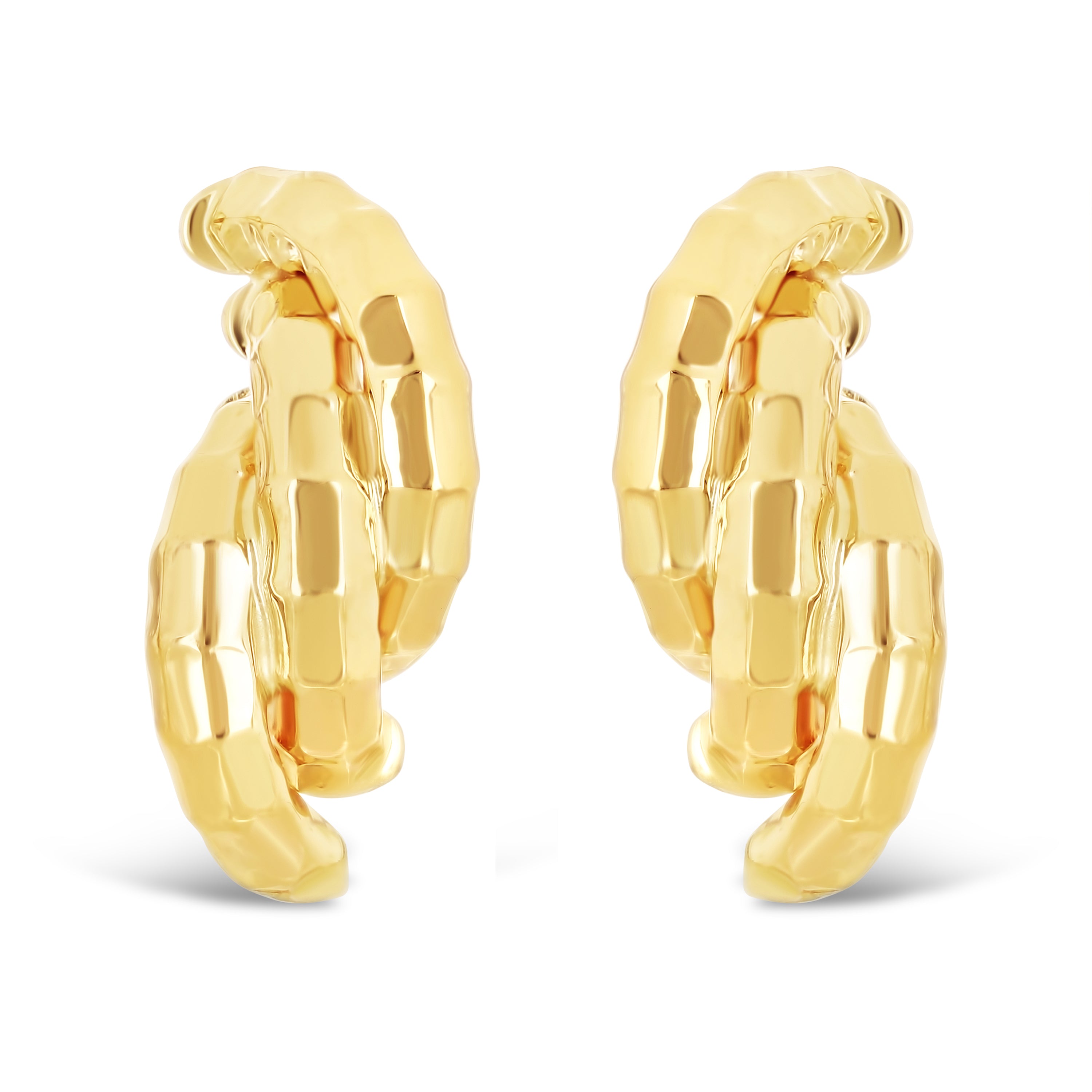 Italian 14k Yellow Gold Bamboo Texture Triple Macaroni Link Stud Earrings - Yellow