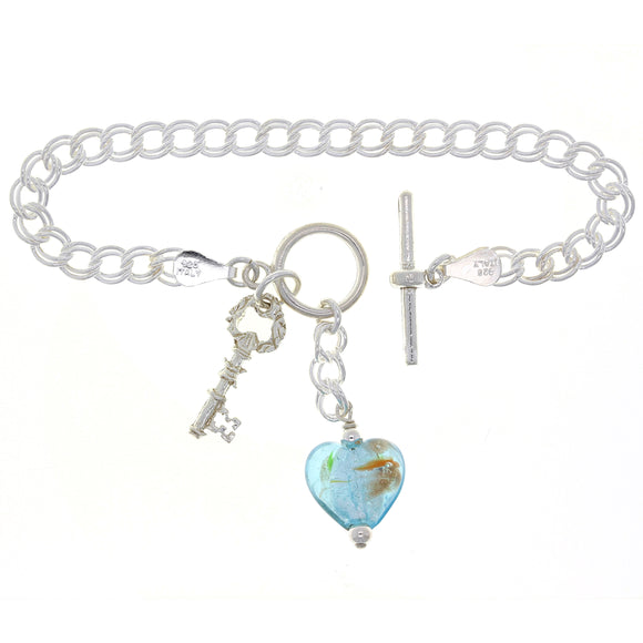 925 Sterling Silver Key & Blue Heart Murano Glass Double Link Charm Bracelet 6.5