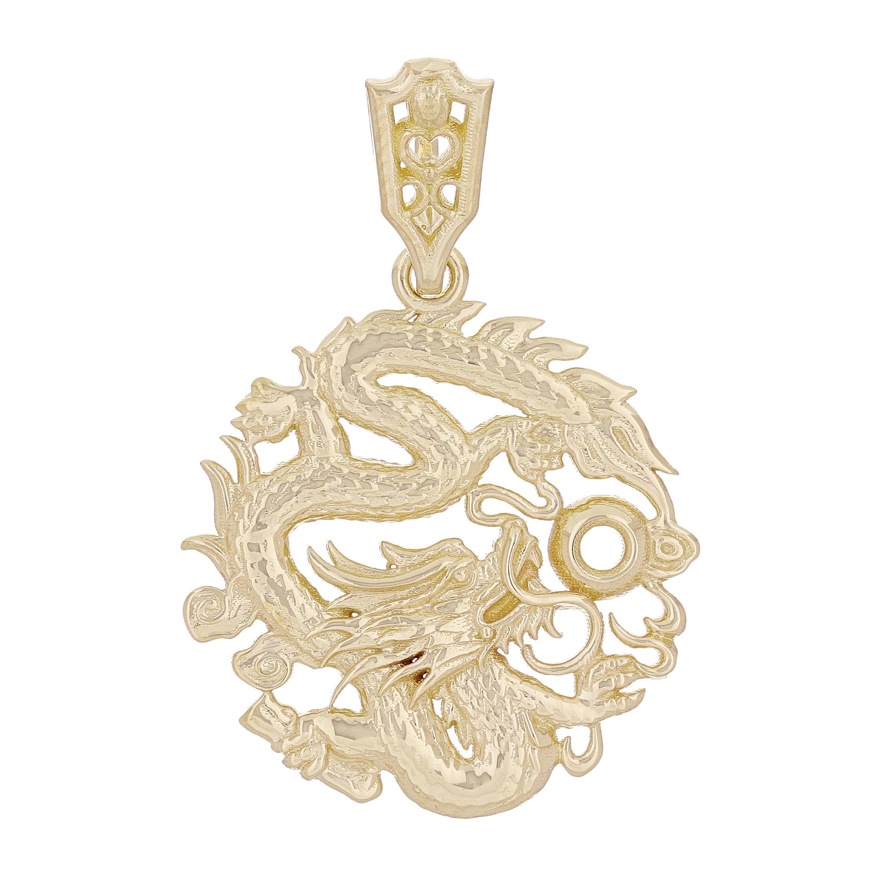 14k Yellow Gold Detailed Traditional Chinese Circle Dragon Semi-Mount Pendant