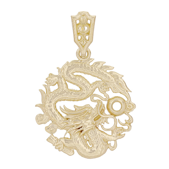 14k Yellow Gold Detailed Traditional Chinese Circle Dragon Semi-Mount Pendant