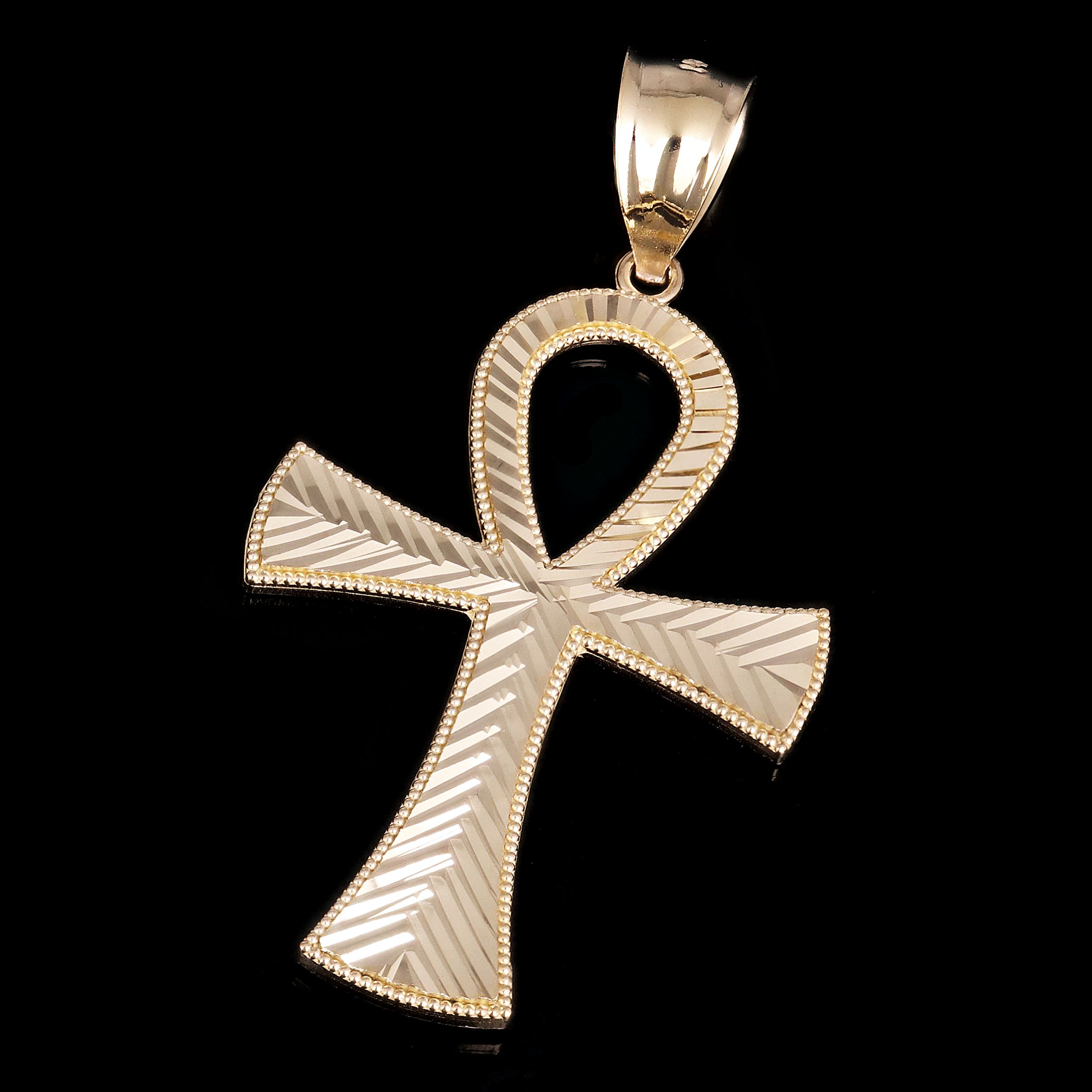 14k Yellow Gold Diamond-Cut Egyptian Ankh Cross Pendant 2.1" 3.6 grams