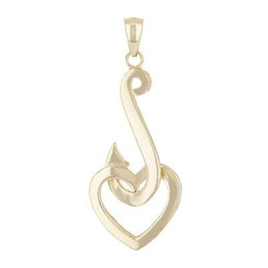 14k Yellow Gold Fish Hook with Heart Pendant 1.6" 3.2 grams - Yellow