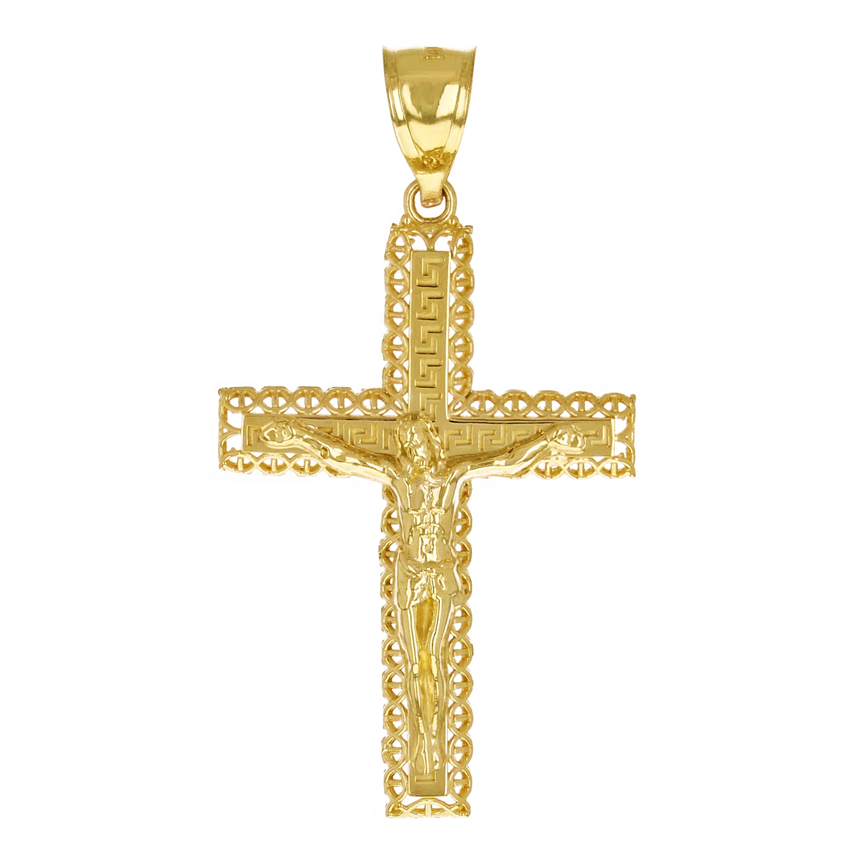 14k Yellow Gold 3D Jesus Christ Crucifix Greek Cross Pendant 1.7" 2.8 grams