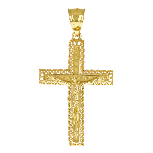 14k Yellow Gold 3D Jesus Christ Crucifix Greek Cross Pendant 1.7