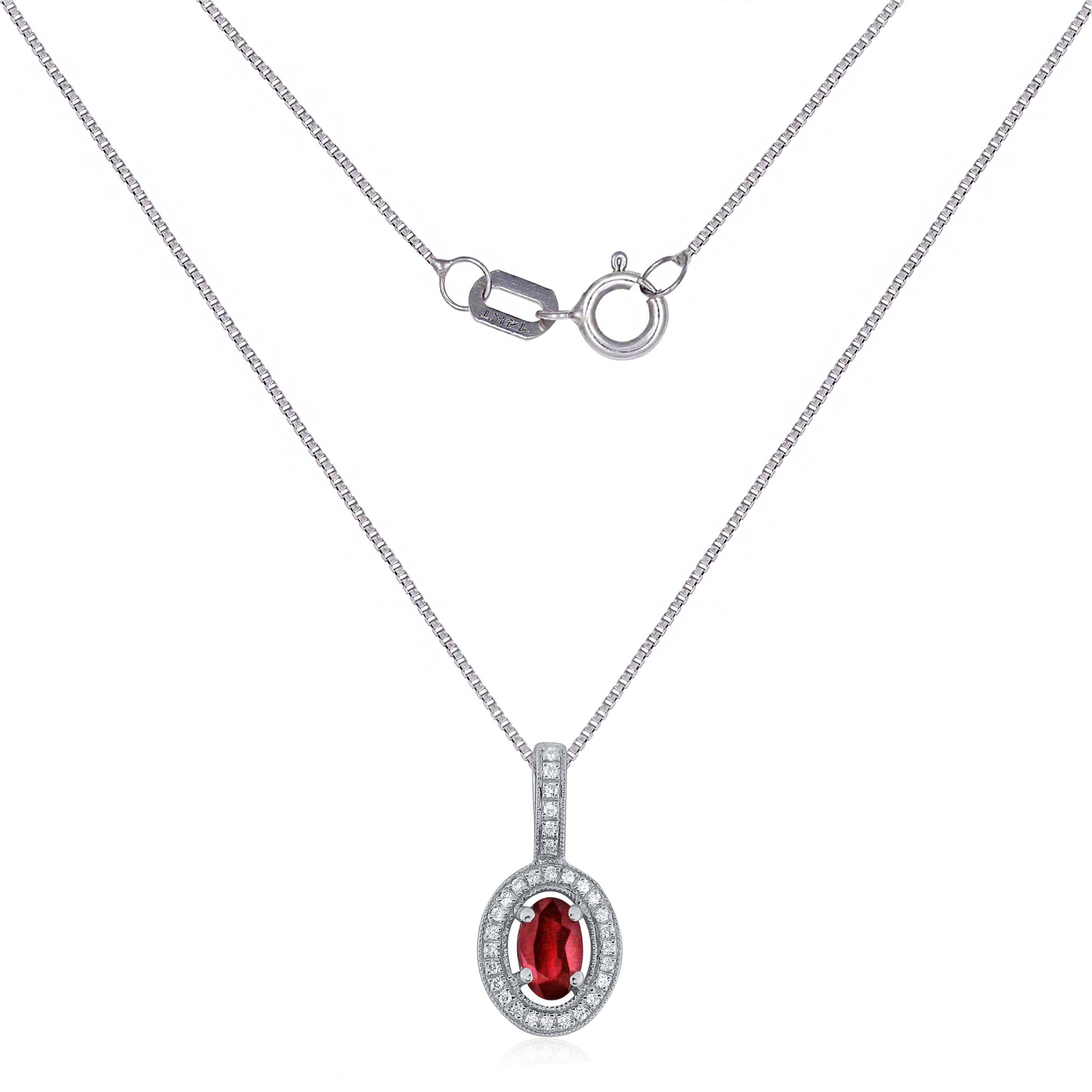 14k White Gold Oval Ruby Diamond Accent Halo Pendant Necklace 18" - Ruby