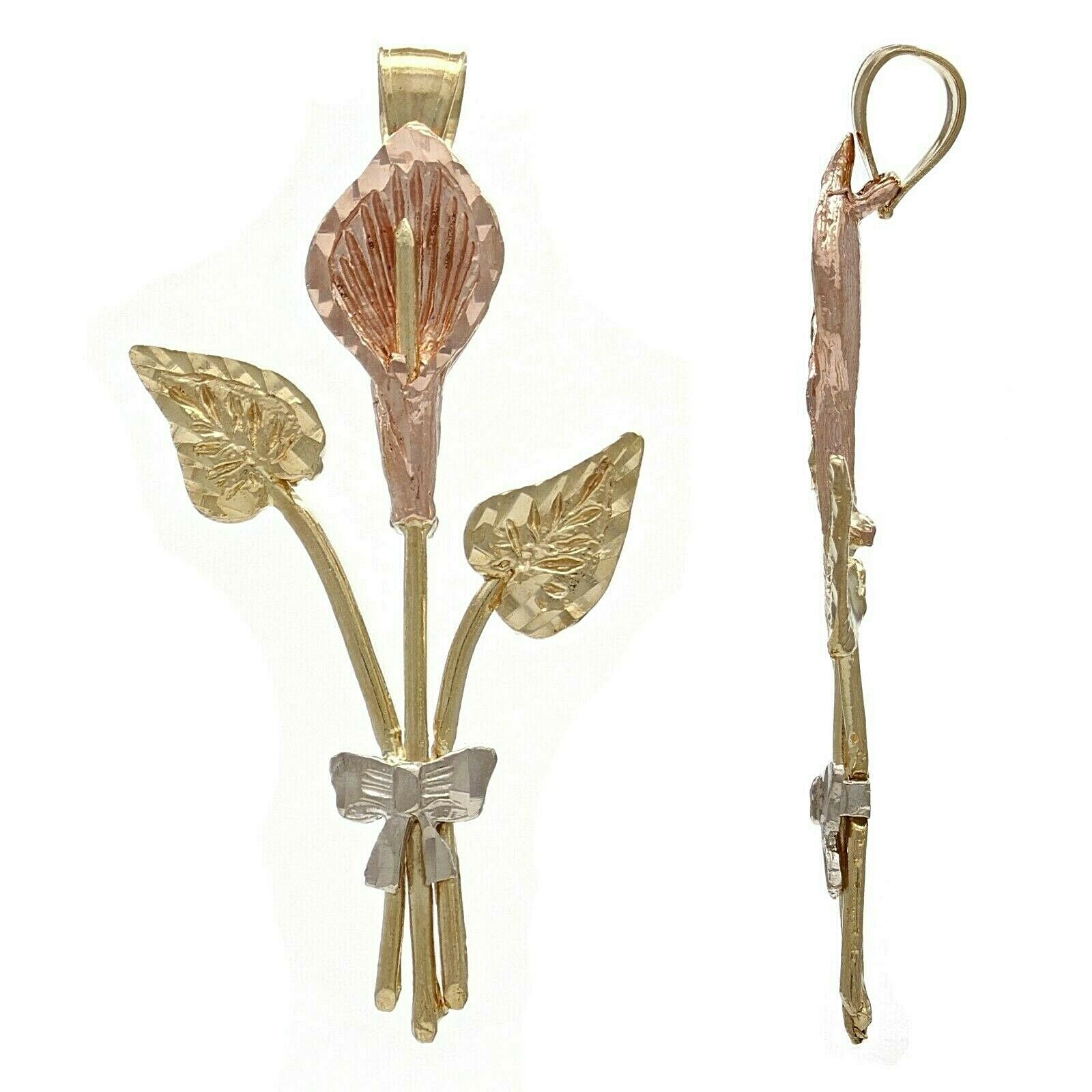14k Tri Color Gold Anturio Flamingo Anthurium Flower Charm Pendant 2.5 grams